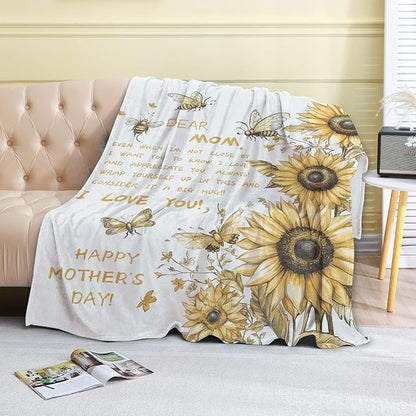Mother's Day Fleece Blanket - 60x80in Mom from Daughter Son Birthday Heartfelt Message Sunflower Throw Blankets,Soft Cozy Lightweight, Ideal for Living Room Home Decor and Women Gifts