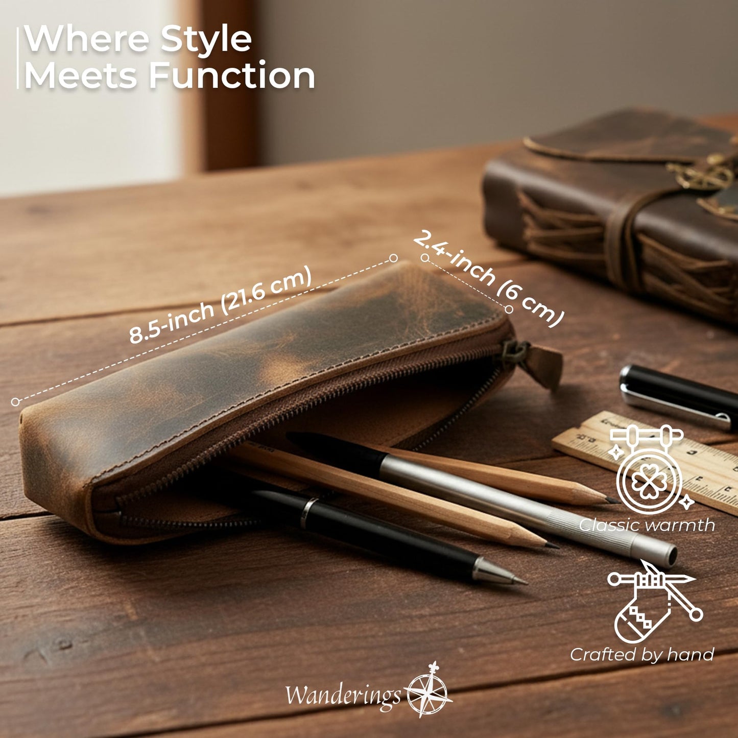 WANDERINGS Vintage Leather Pencil Pouch Case – 7" Round – Hand Crafted Functional Brown Leather Zipper Pouch – Round Pencil Case Holder for Men and Women – Travel Makeup, Jewelry, and Purse Bag