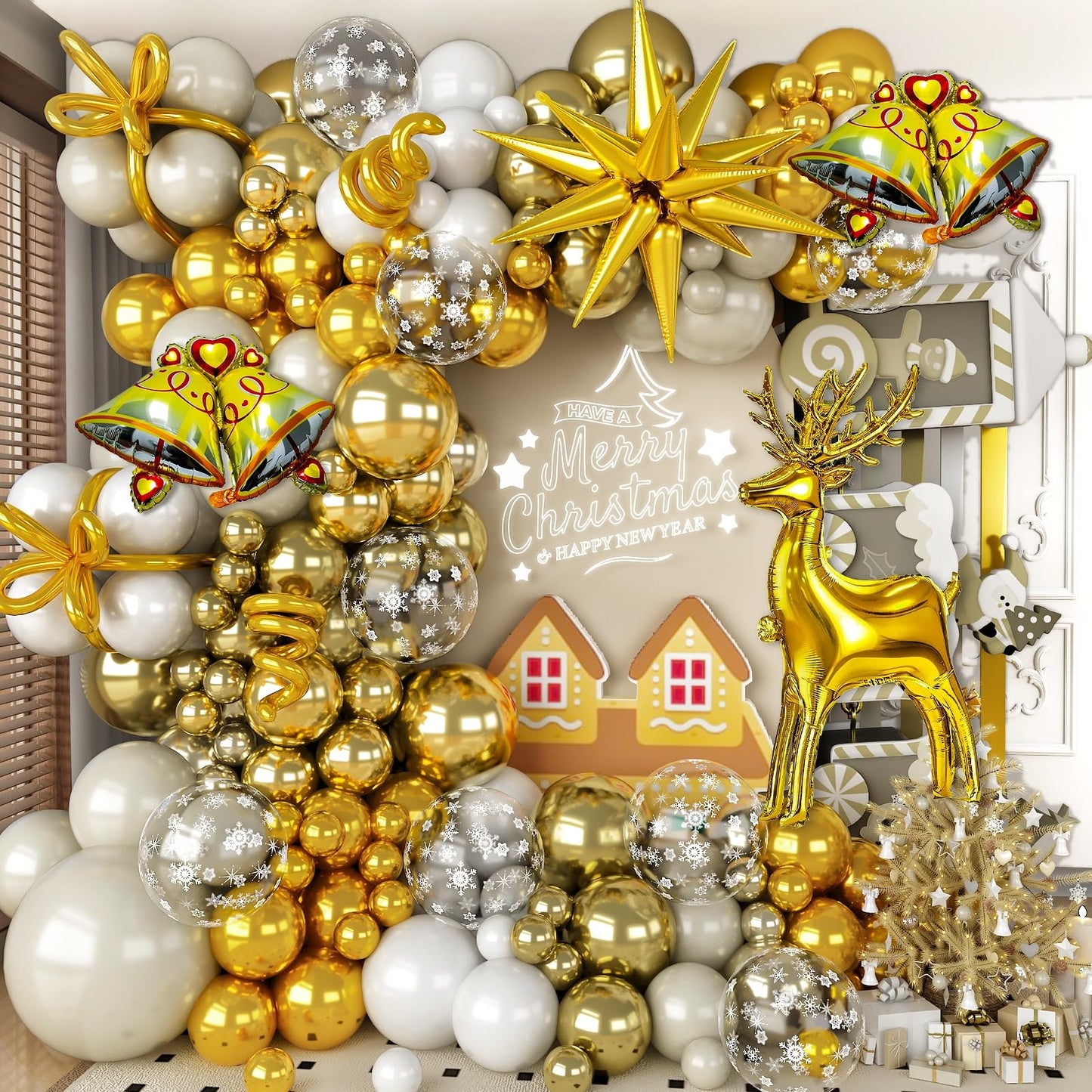 Christmas Party Decorations Xmas Balloon Arch Kit 121pcs White Gold Snowflakes Balloon with Metallic Light Gold Balloons Beige Gold Star Reindeer Deer Bell Foil Christmas Mylar Balloons for New Year