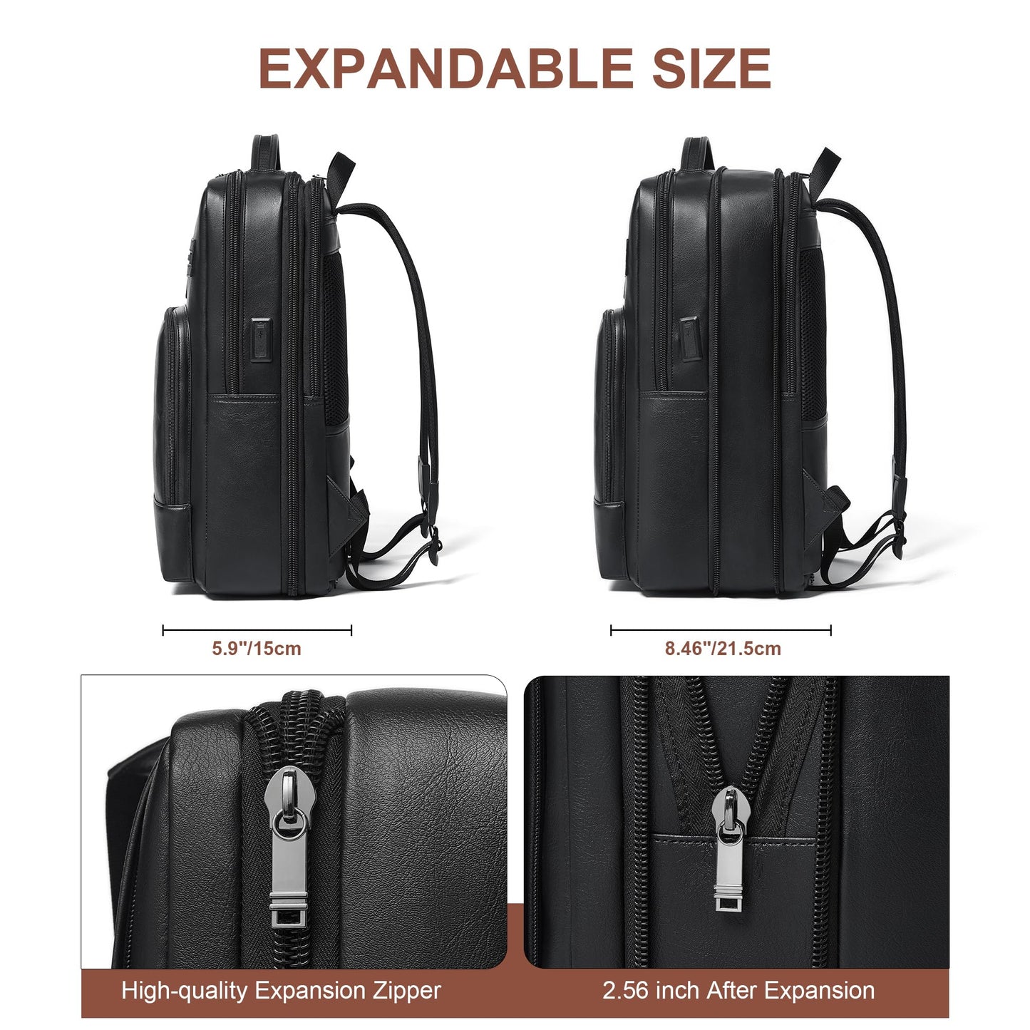 Shrrie Leather Laptop Backpack for Women and Men,28 L Travel Backpack Computer Bag Fits 16 inch Laptop,Expandable Casual Daypack with USB Charging Port for Work Business Weekender College,Black