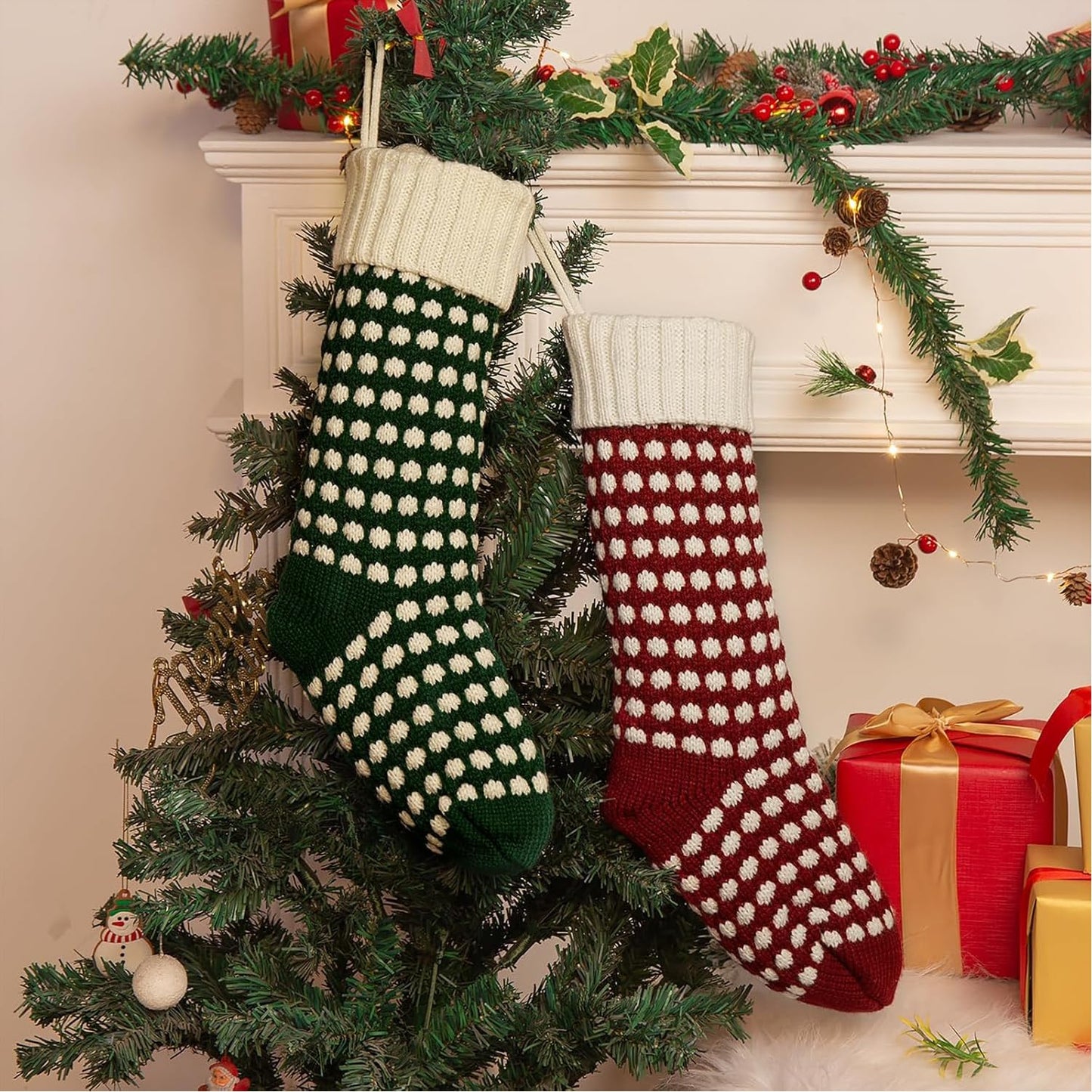 Guojanfon Christmas Stockings ，18" Unique Burgundy and Green Knit Christmas Stockings Dots Style (Length 18",Pack 2)