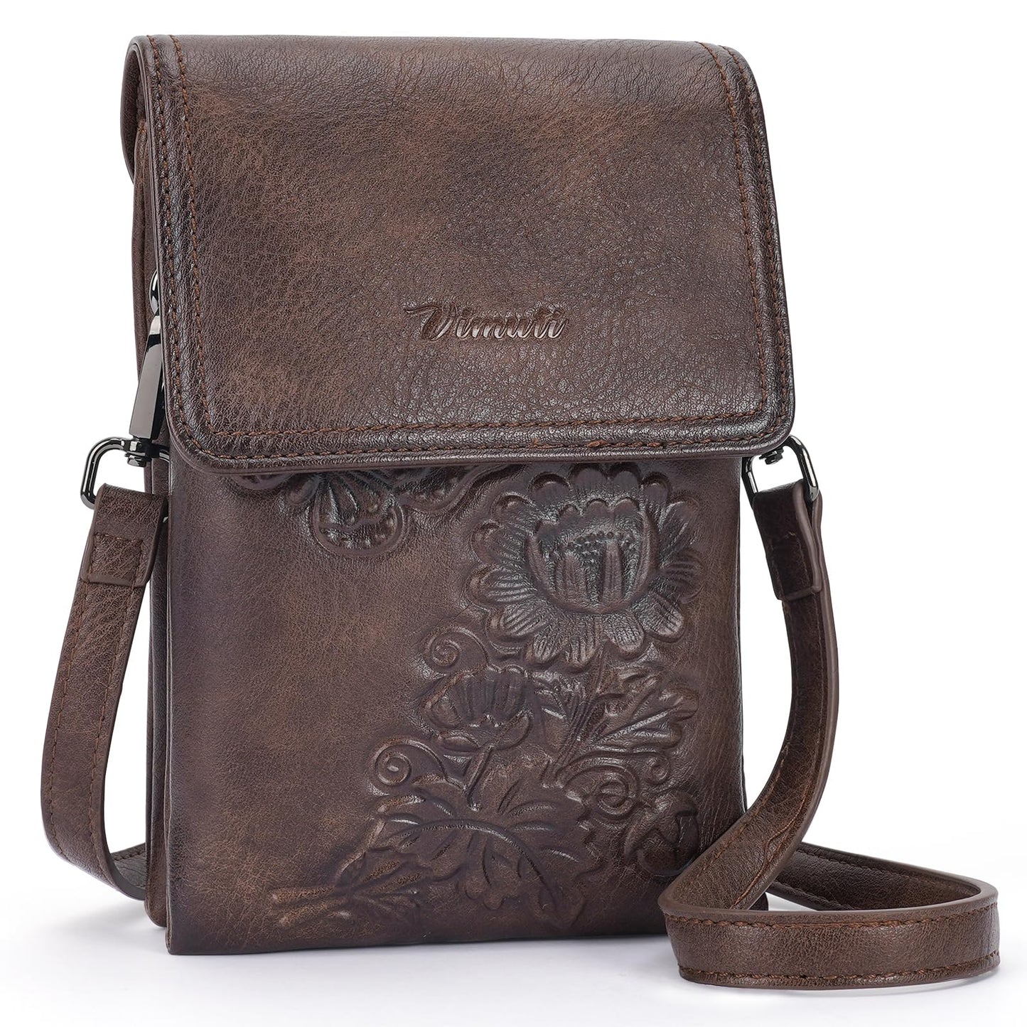 VIMUTI Small Crossbody Bags for Women Trendy Vegan Leather Cell Phone Bag Embossed Flower Design Wallet Purses with Strap (02-Coffee)