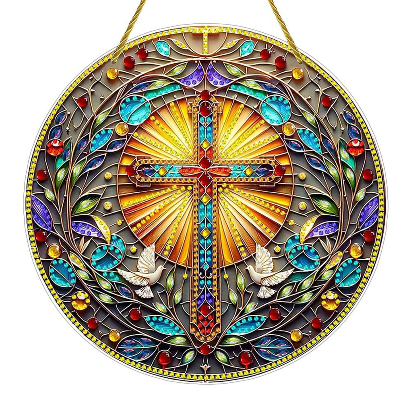 DIY Acrylic Diamond Art Painting Wreath Kits Special Shaped Rhinestone 5D Diamond Art Window Pendants Home Garden Wall Hanging Kits Hanging Ornament (Cross-1)