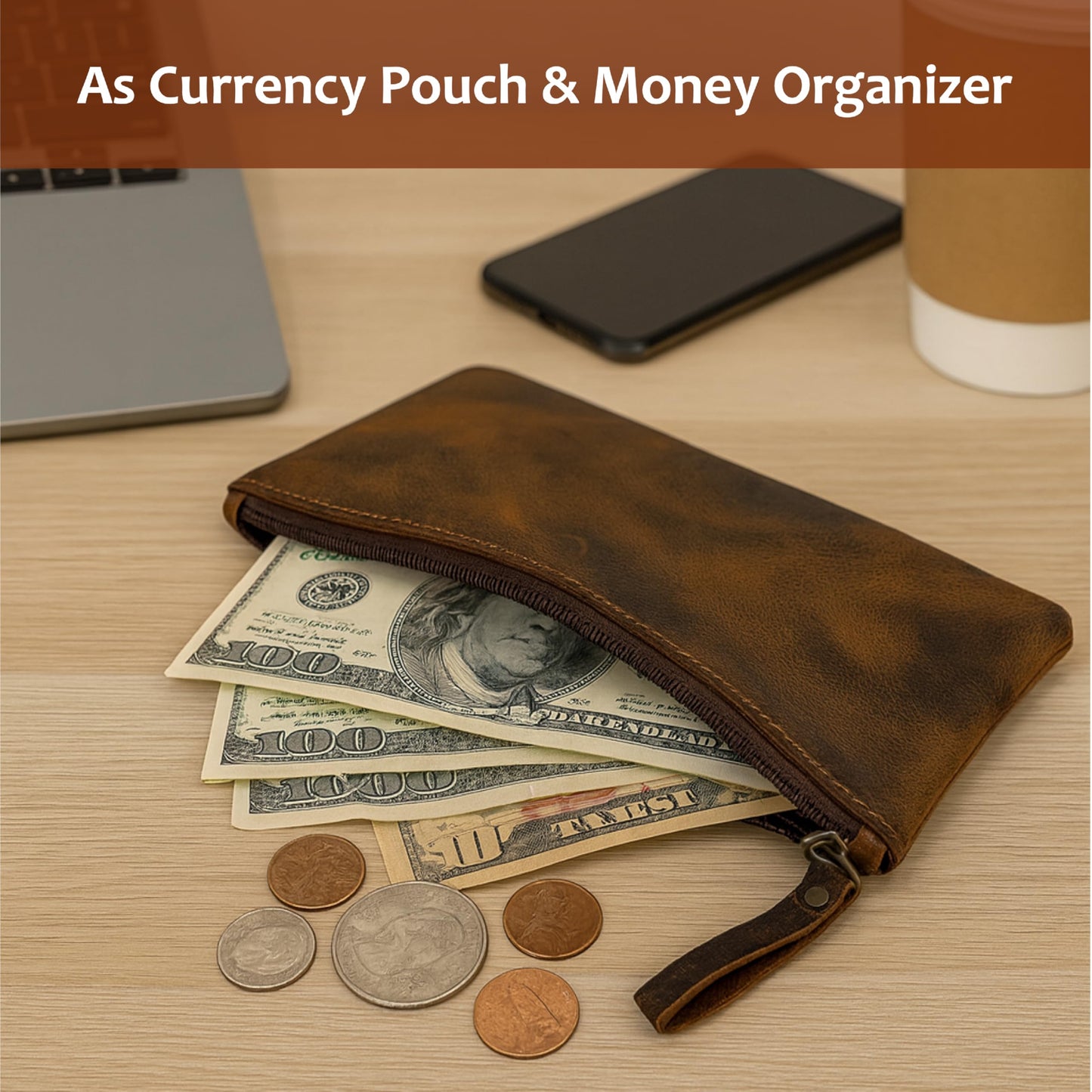 TheAntiq Leather Pencil Pouch, Currency Pouch, Leather Pencil Case, Zippered Pouch Paper Money, Pen Case, Pen & Marker Case, Pencil Case For Artists & Professionals (Brown)