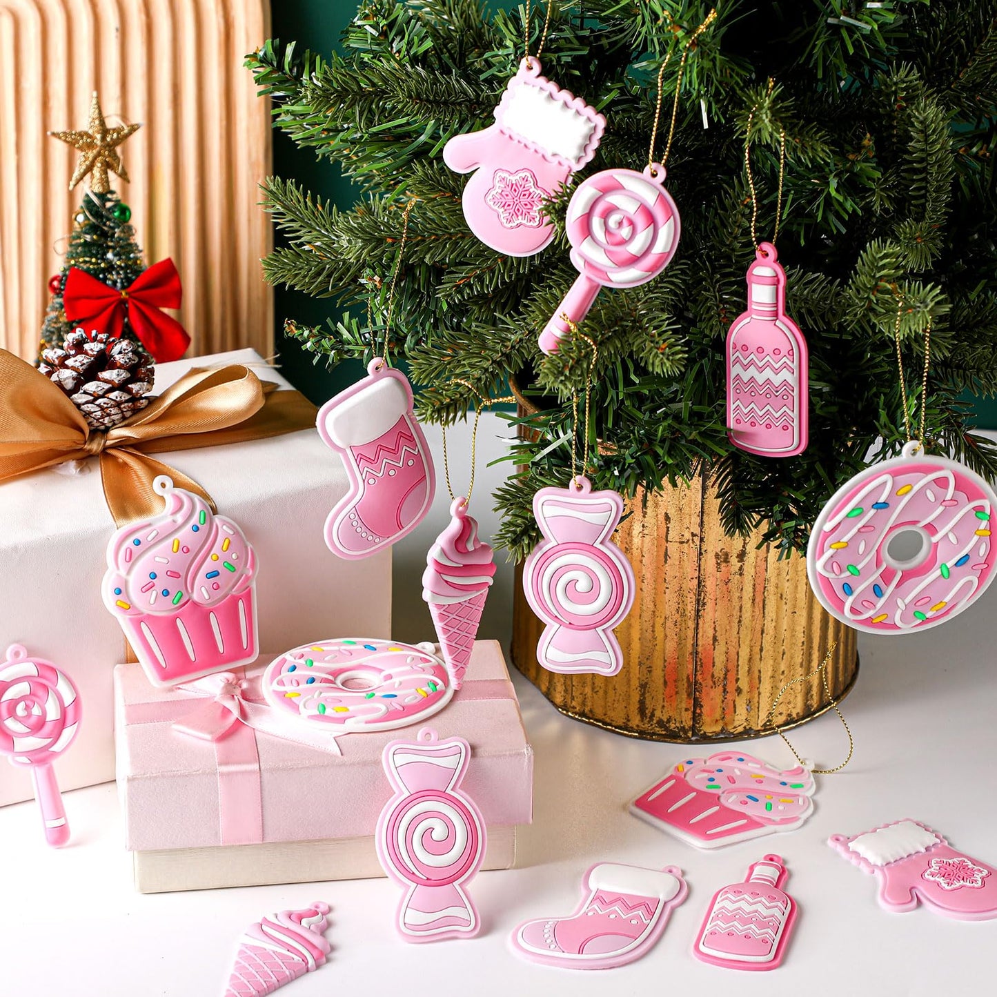 Panelee 48 Pcs Christmas Candy Tree Ornaments PVC Pink Christmas Candy Cane Lollipop Ornament Xmas Hanging Decors Birthday Party Decoration Crafts for Xmas Tree Party