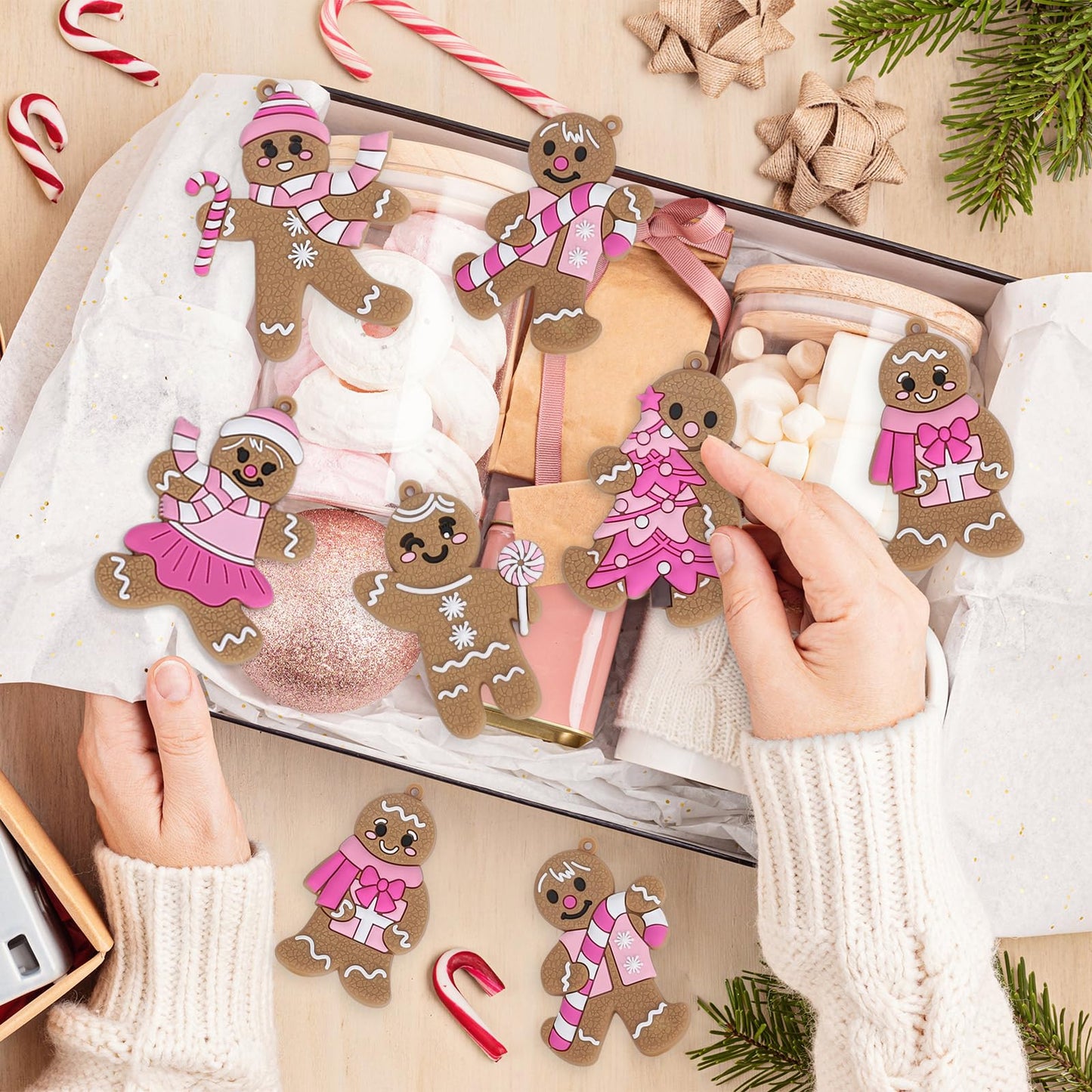 JarThenaAMCS 18Pcs Christmas Hanging Ornament Pink Gingerbread Candy Cane Pendant Charm Cute Tree Wall Hanging Decoration for Xmas Winter Party Supplies