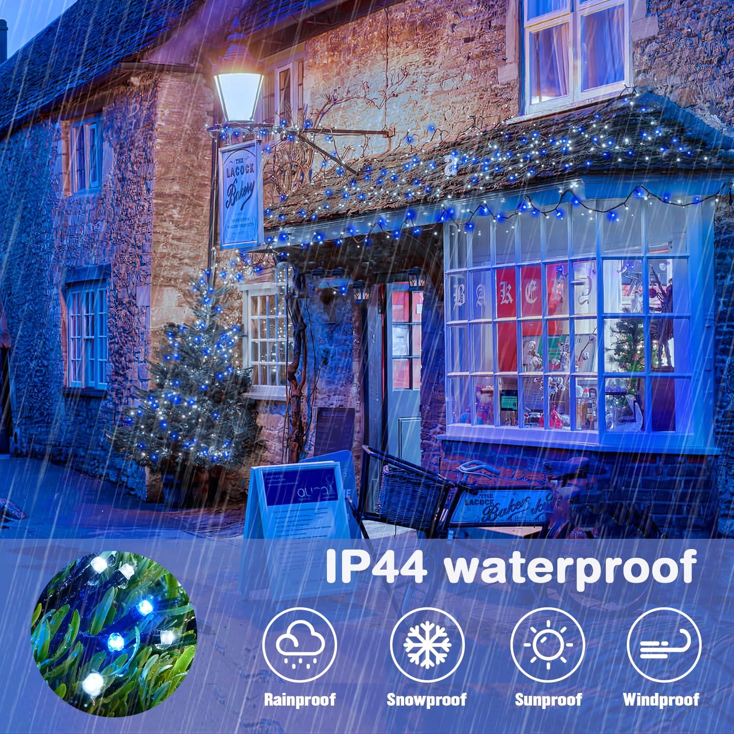 JMEXSUSS 66ft 200 LED Blue and White Outdoor Christmas String Lights, Expandable for Tree, Party, Home Decorations