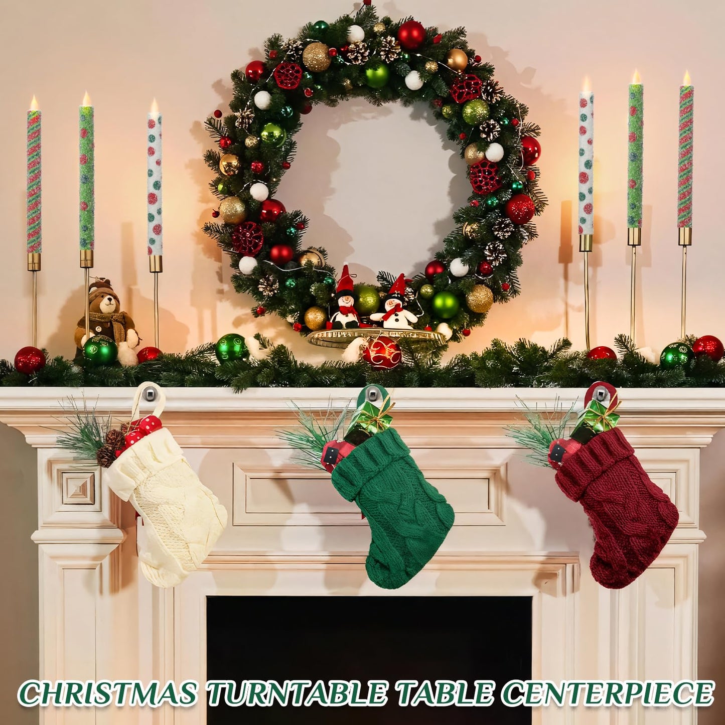 Christmas Elf Flameless Taper Candles - 6PCS Glitter Christmas Green Elf Theme Flickering LED Battery Operated Sea Salt Candles with Remote, Real Wax Party Decoration Candlesticks, Xmas Table Decor
