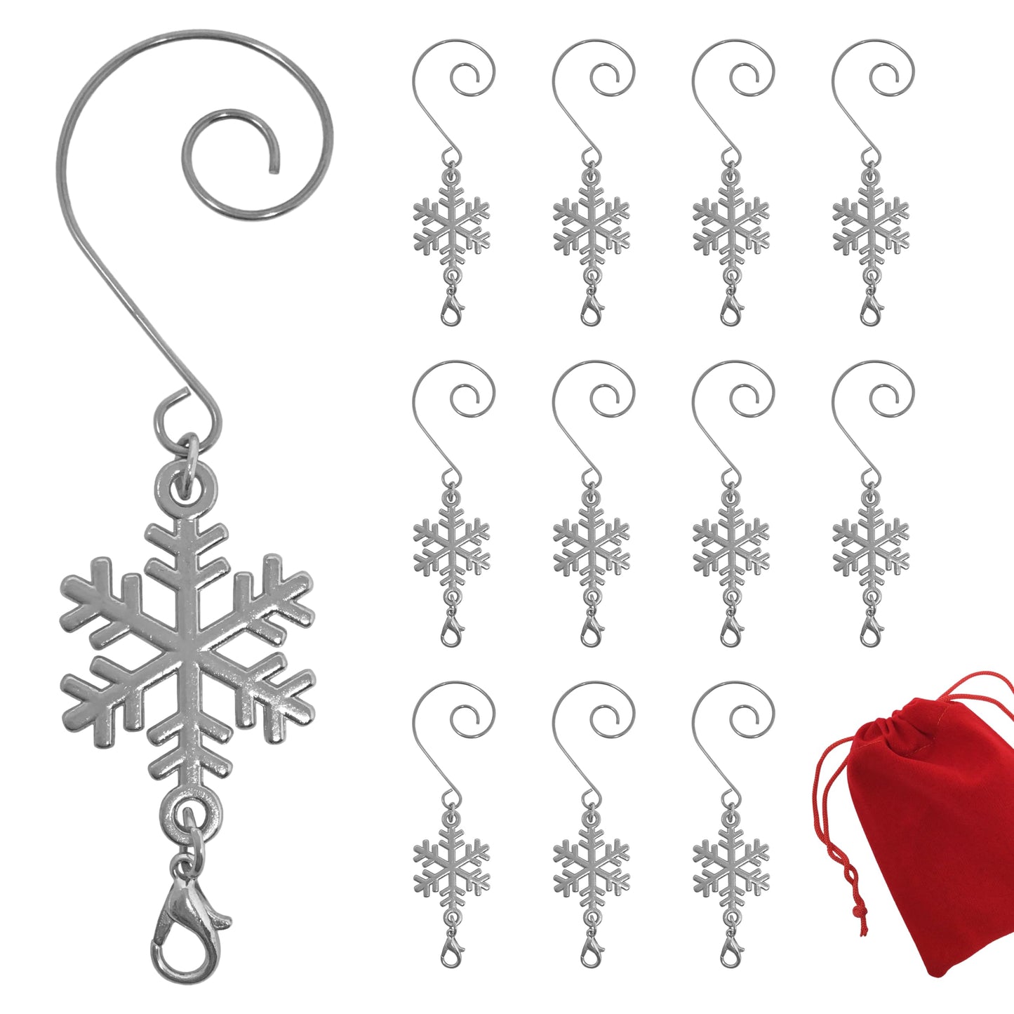 Snowflake Christmas Ornament Hooks Set of 12, Shiny Silver Christmas Tree Hangers with S-Hook and Lobster Claw, 3.5 Inch Metal Snowflake Accessories for Xmas Tree Decor, Crafts, Holiday Displays