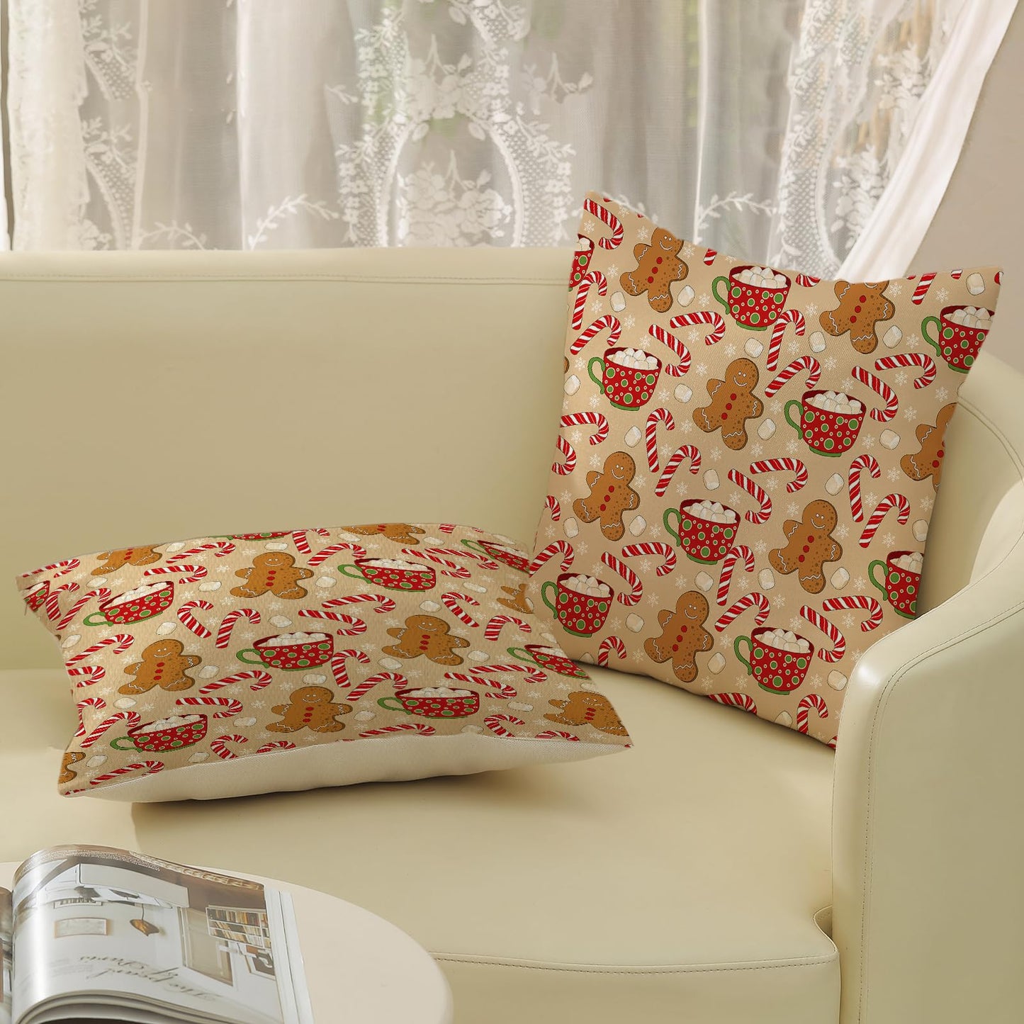 JEFERSO Christmas Pillow Covers 20x20 Set of 2 Gingerbread Man Candy Cane Snowflake Throw Pillows Outdoor Christmas Decorations Pillowcase Winter Farmhouse Holiday Decor Cushion Covers for Couch Home