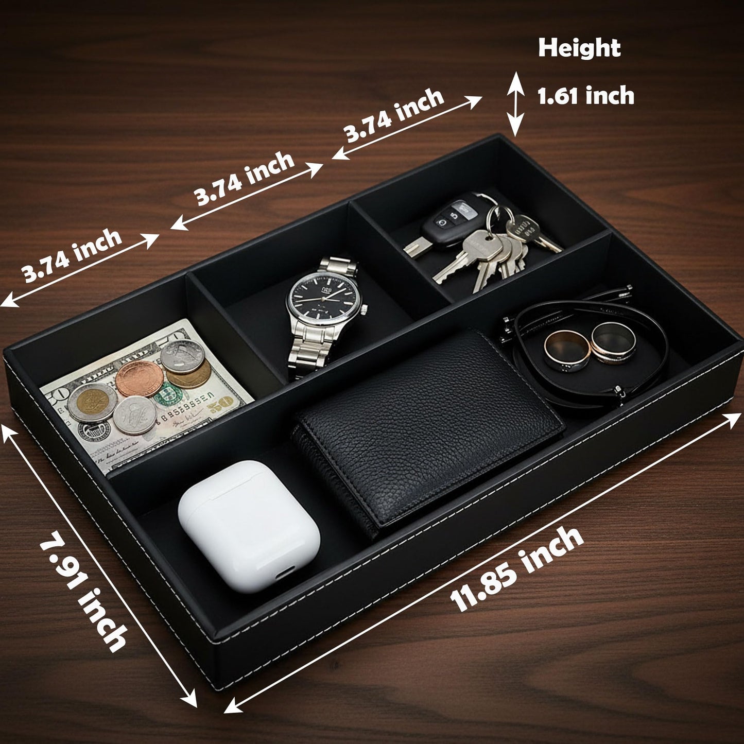 AUMISKY Leather Valet Tray Organizer, Stackable Nightstand & Dresser Storage Tray, Entryway Desk Catchall Tray for Keys Wallet Watch Phone, Bedside Desktop PU Leather Drawer Caddy Tray - Black