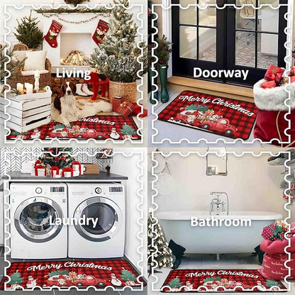 Buffalo Plaid Red Truck Christmas Kitchen Rugs 2 PCS, Merry Christmas Kitchen Rug, Non Skid Washable Soft Comfort Kitchen Rugs Set (17"x47"+17"x30",Merry Christmas)