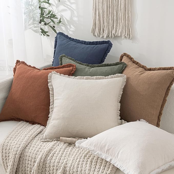 MIULEE Christmas Decorative Lumbar Throw Pillow Covers Neutral Linen Fringe Throw Pillows Set of 2 Natural Beige Boho Farmhouse Cushion Covers for Couch Sofa Bed Living Room Home Decor 12x20 Inch