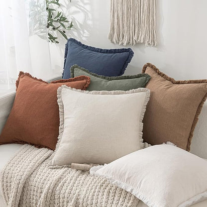 MIULEE Christmas Decorative Lumbar Throw Pillow Covers Neutral Linen Fringe Throw Pillows Set of 2 Natural Beige Boho Farmhouse Cushion Covers for Couch Sofa Bed Living Room Home Decor 12x20 Inch