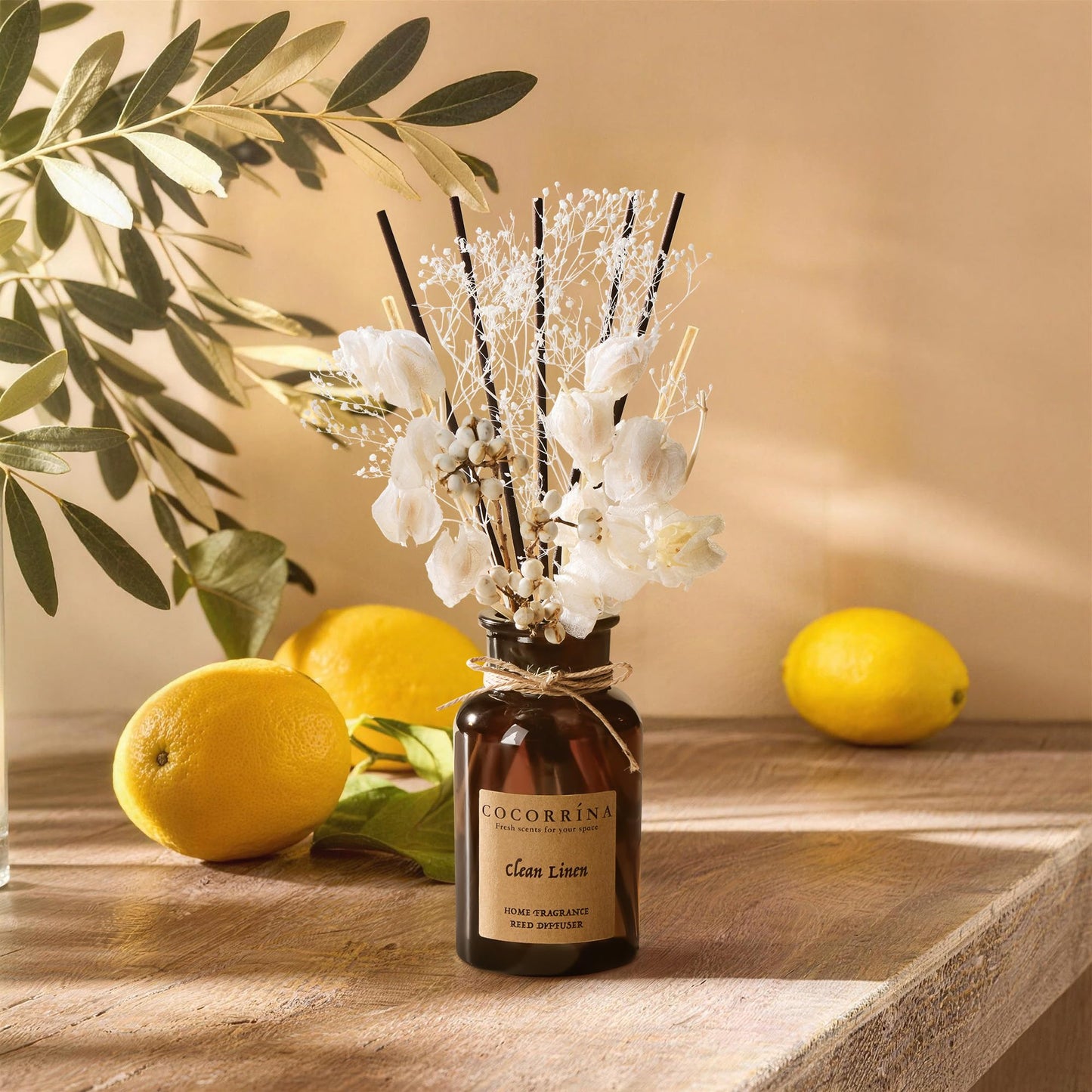 Cocorrína Reed Diffuser Set, 6.7oz Flower Reed Diffuser with Real Preserved Flowers - Clean Linen Scented Oil & Sticks - Long Lasting Home Fragrance for Bedroom Bathroom Shelf Decor