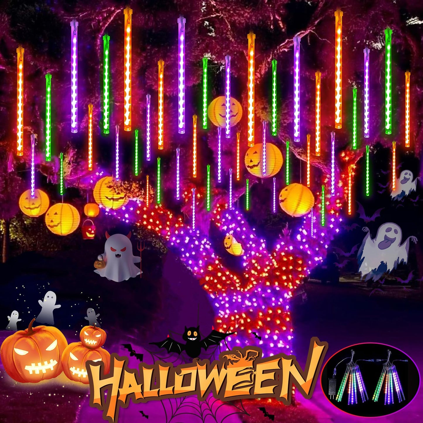 Outdoor Halloween Lights, 2 Pack Extendable Meteor Shower Lights Outdoor Waterproof with Timer, Total 432LED 18 Tubes Cascading String Light Plug in for Garden Halloween Yard (Orange Purple and Green)