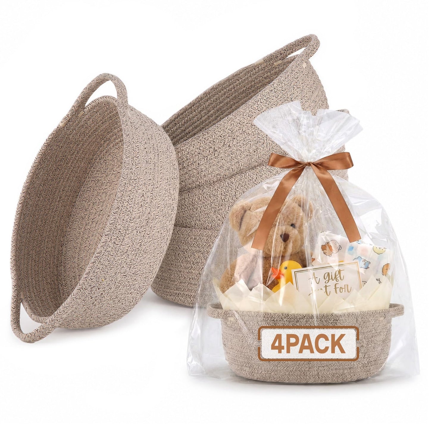 VIRETH HAUS 4 Pack Small Woven Baskets with Gift Bags, Ribbons, Wrap Tissue Papers – Gift Baskets Empty to Fill for Valentines, Baby Shower, Easter, Christmas Day, Decorative Storage Bins for Toys