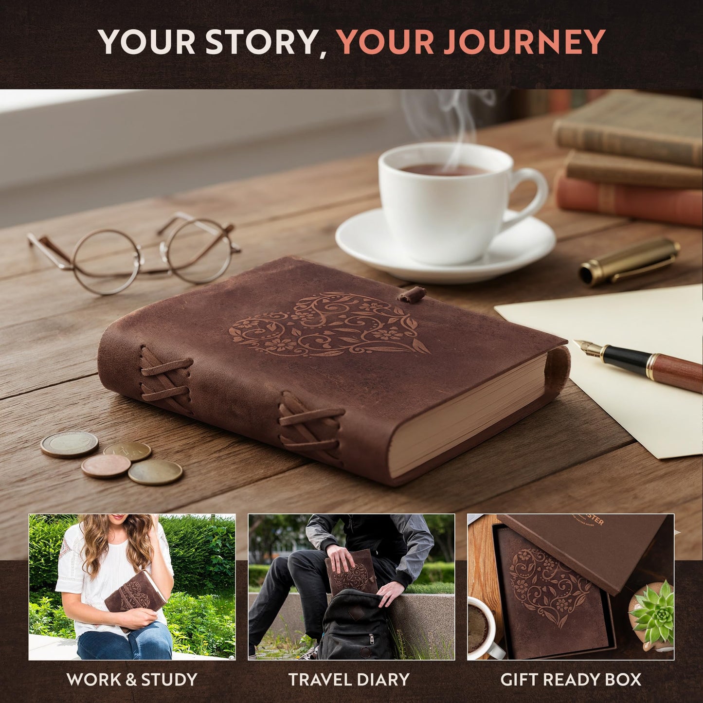 moonster Leather Journal with Embossed Heart Shape - Non Refillable 8x6″ Lined Notebook - 400 Pages College Ruled Kraft Paper - Inspirational Small Notebook - Leather Journals for Women
