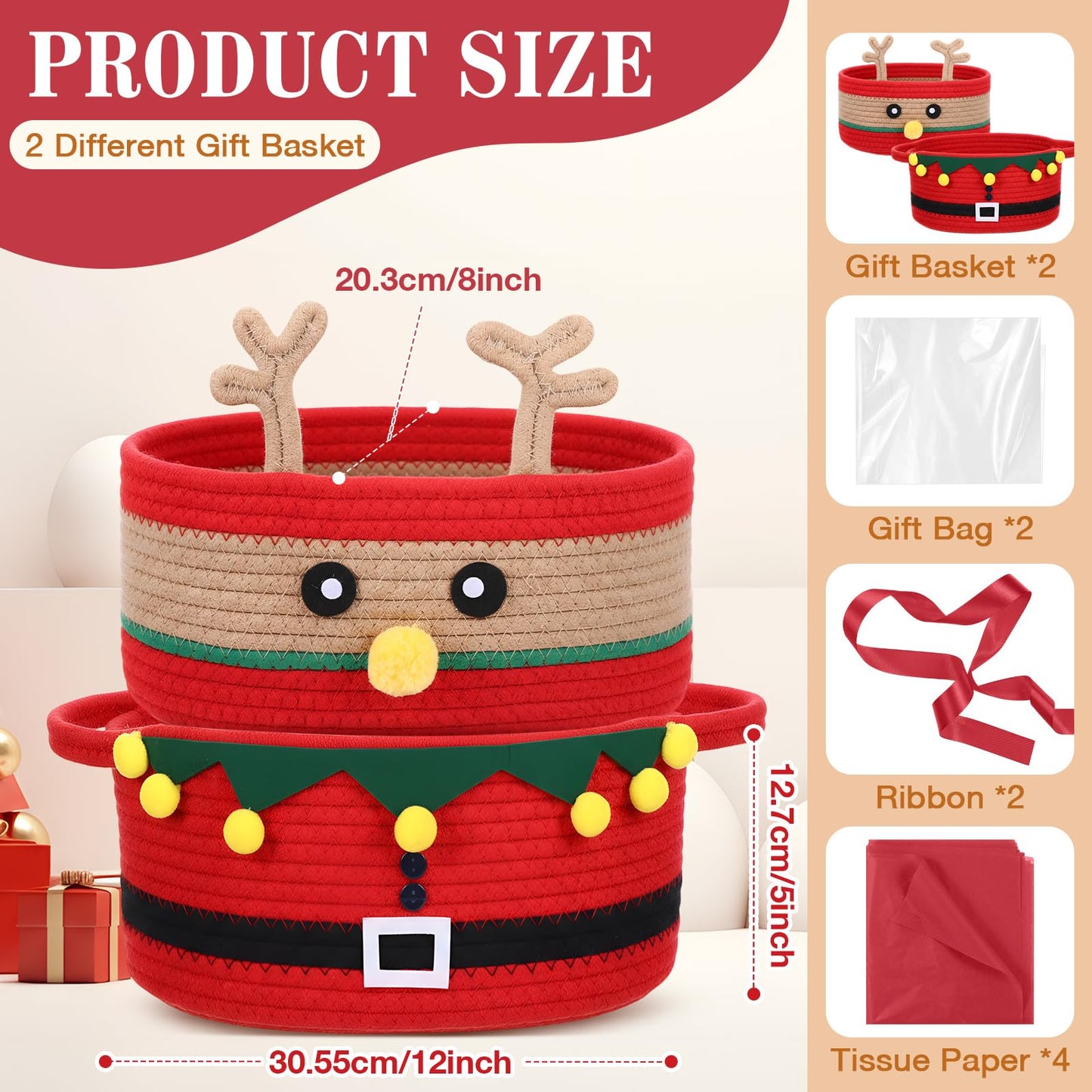Zopeal 2 Pcs Christmas Woven Basket with Gift Bag, Ribbon and Red Tissue Paper Deer Woven Storage Bin Empty Basket Holiday Decorative for Xmas Gifts, 12 x 8 x 5 inch