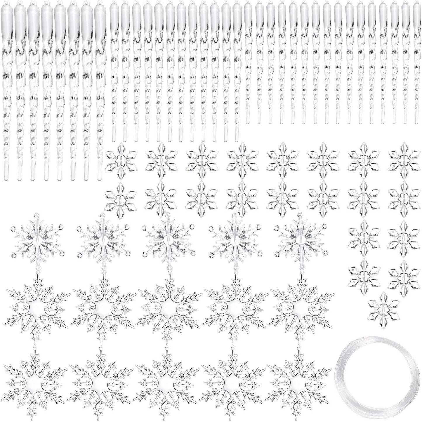Chuangdi 72 Pcs Snowflake Icicle Ornaments for Christmas Tree Twisted Glitter Icicles Acrylic Hanging Drop Decoration for Winter Xmas Holiday Party New Year Outdoor Supplies(Clear)