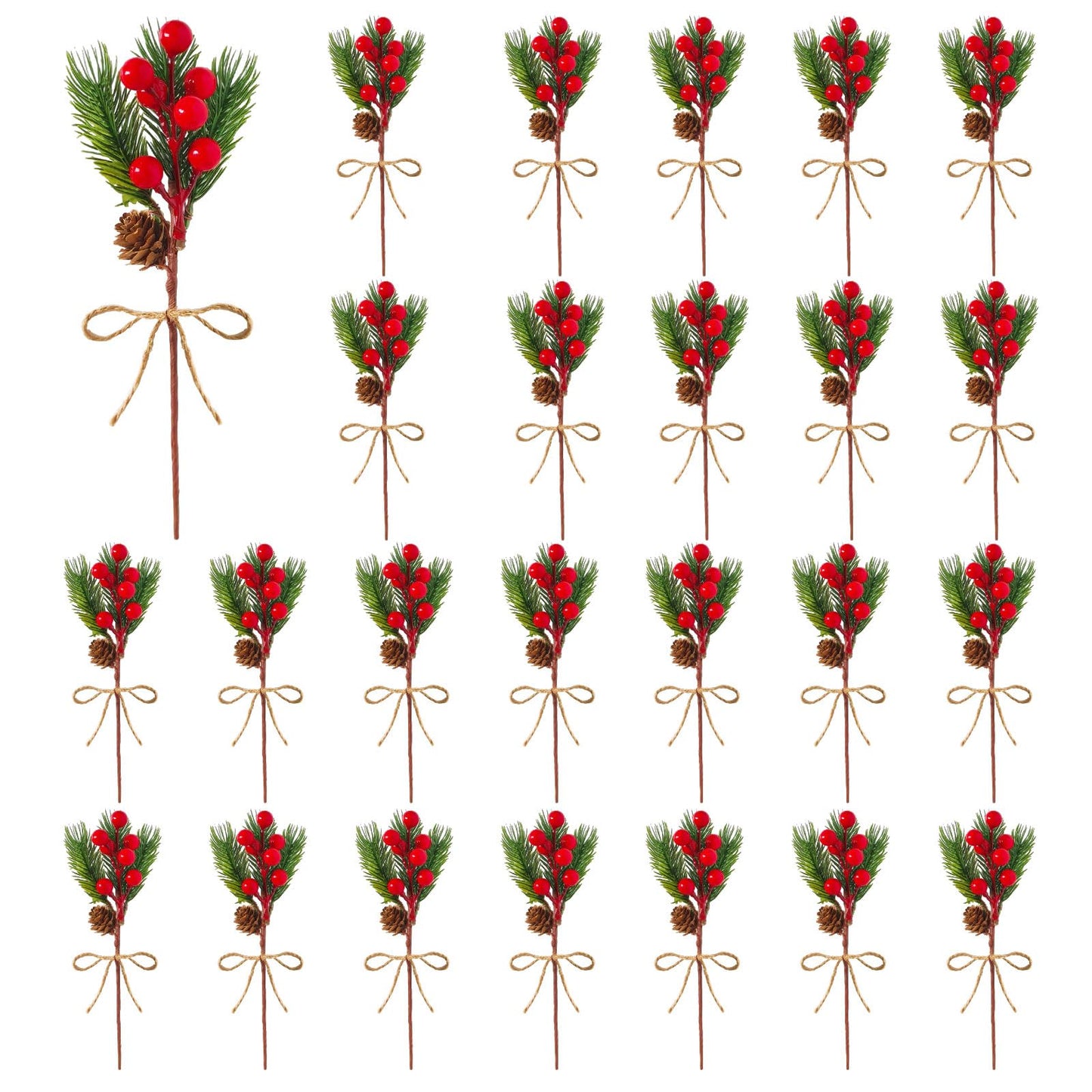 JOINCCI 25PCS Christmas Floral Picks - Artificial Greenery Stems with Pine Cones & Red Berries for DIY Xmas Wreaths, Garlands, Tree Decor, Holiday Centerpiece and Home Decor (8.66 Inch)