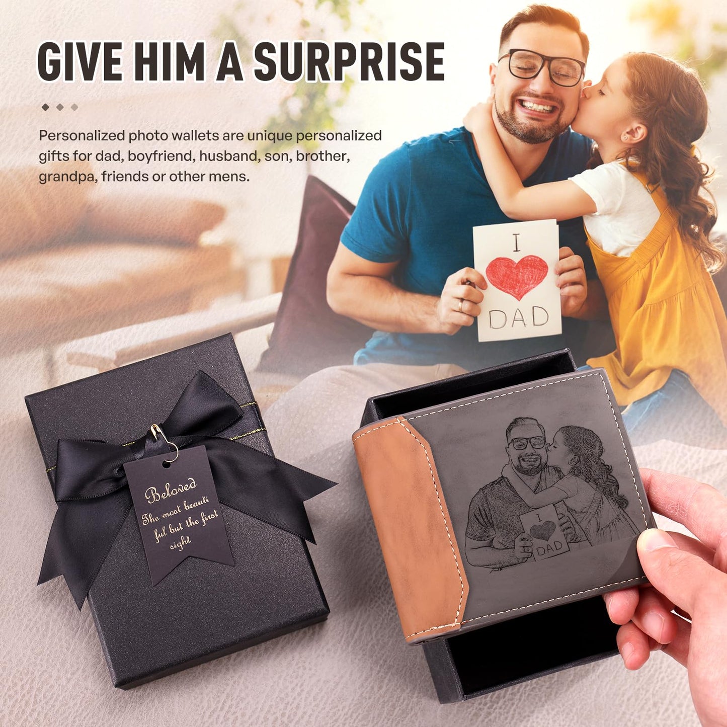 Lovejewelry Custom Wallets for Men, Personalized Leather Photo Wallet with Name Fathers Day Gift for Dad Boyfriend