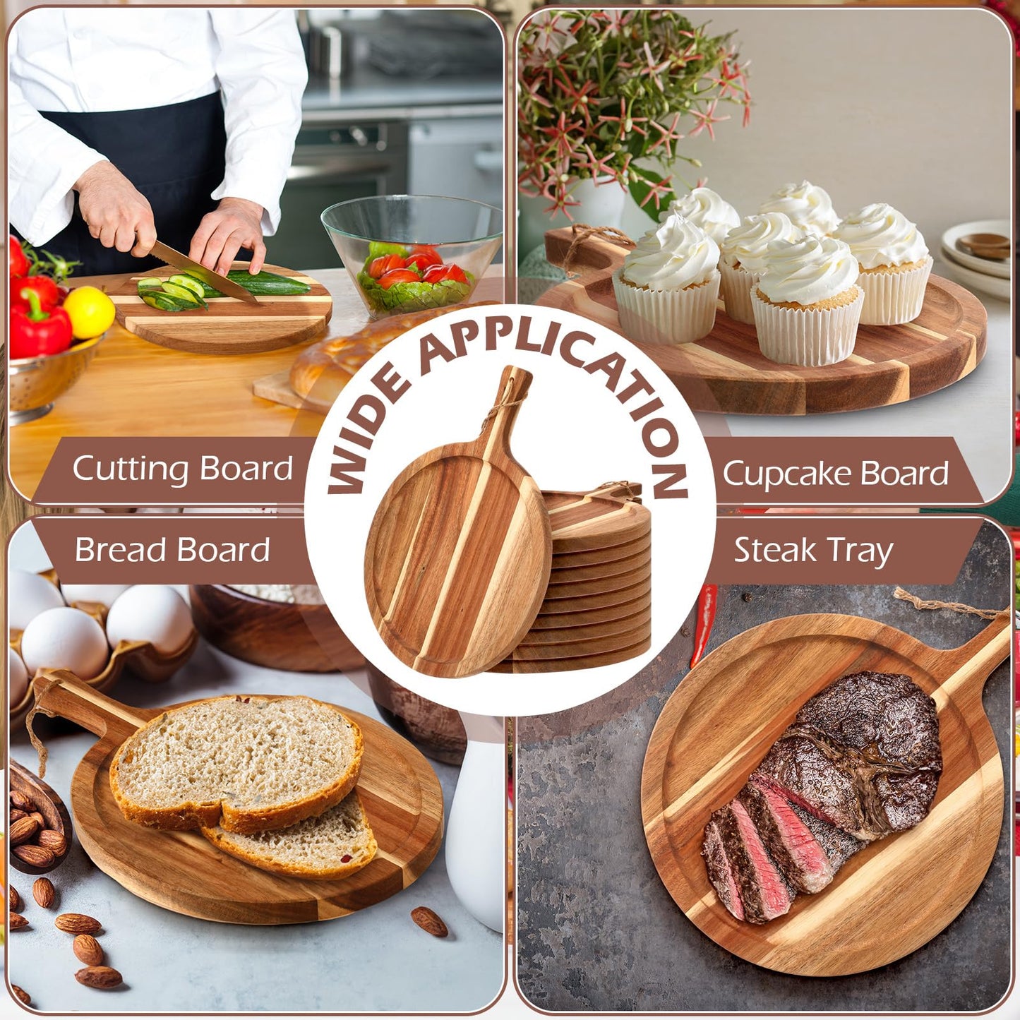 Tanlade 12 pcs Wood Cutting Board Bulk Round Wooden Serving Tray with Handle Acacia Chopping Boards Kitchen Charcuterie Paddle for Pizza Bread Cheese Fruit Vegetables