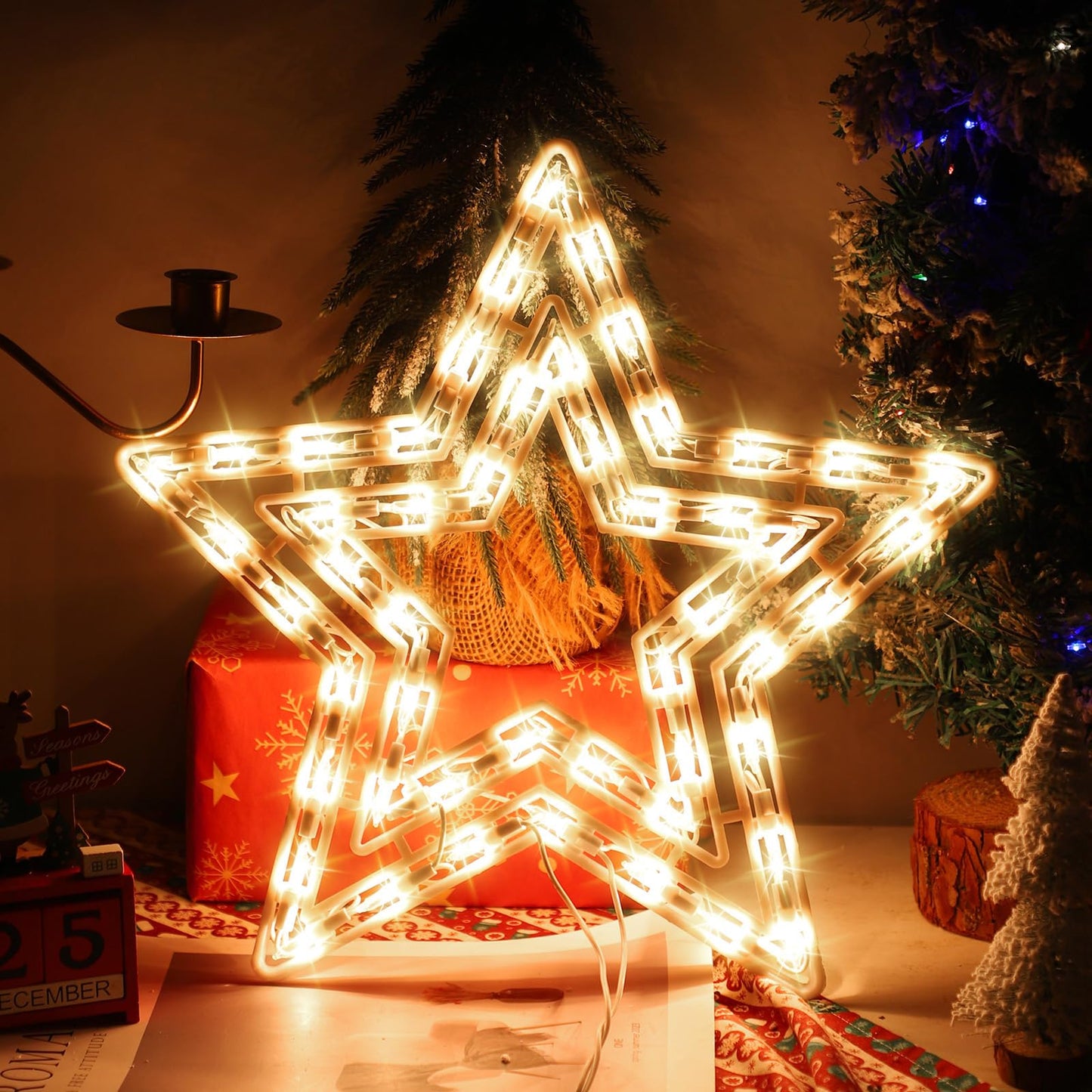 LAMPHOME 14Inch Christmas Star Light,Star Decoration Lights,Christmas Window Silhouette Lights,Double Side Sign Lamp Decoration for Holiday Indoor Wall Door Glass Decorations
