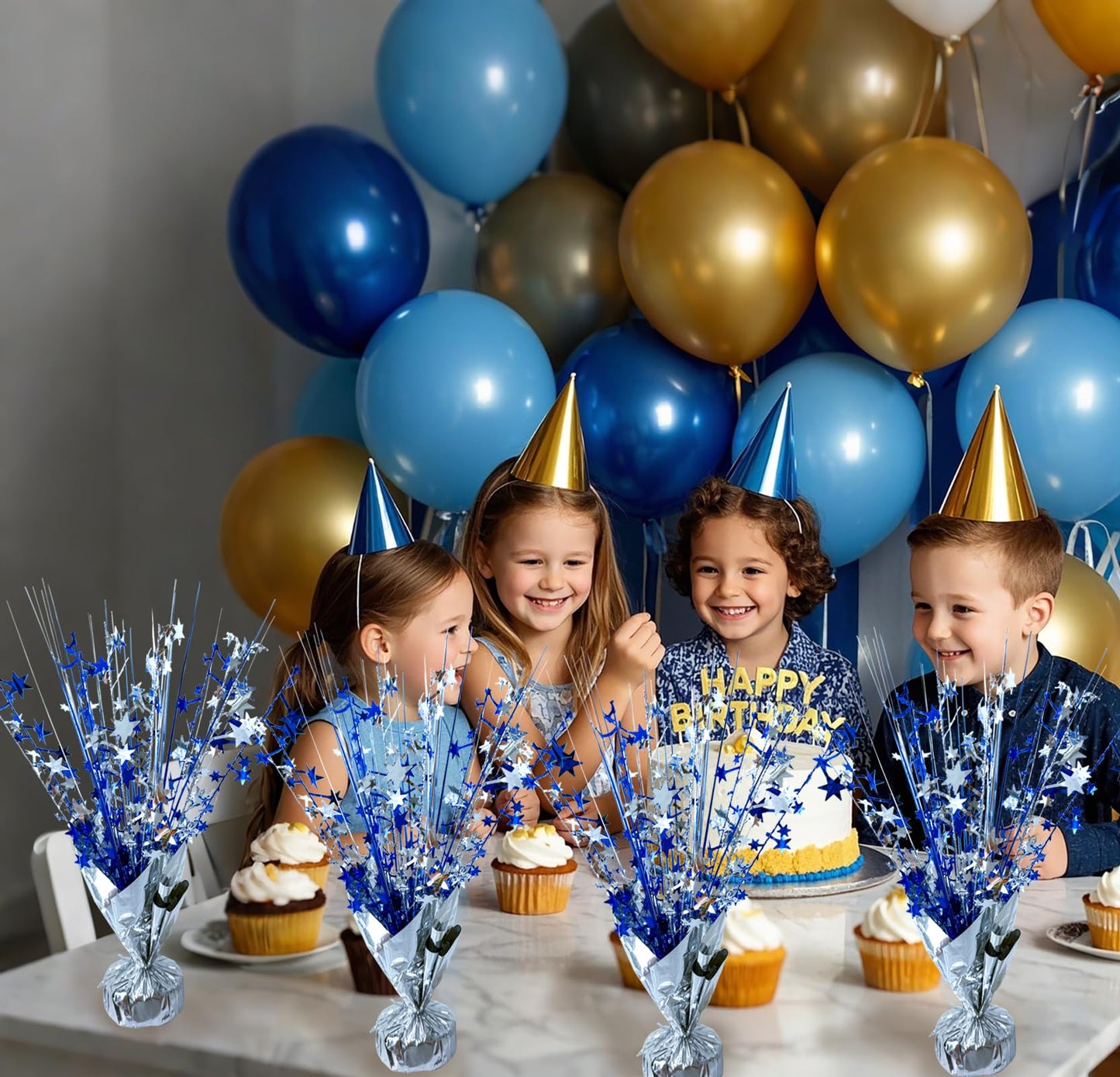 FUBININA 6 Pack Metallic Foil Spray Centerpiece Star Table Decoration Burst Table Centerpieces for Birthday Wedding Anniversary Graduation Holiday Party Supplies Decor, Silver Blue