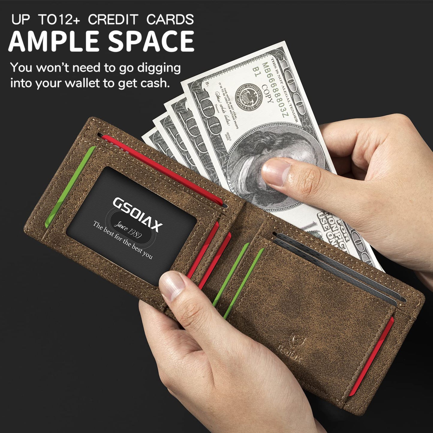 GSOIAX Slim Wallet for Men,RFID Blocking Bifold Wallet Carbon Fiber Front Pocket Wallet with 11 Card Holder Minimalist Mens Wallet with Gift Box (Leather Brown)