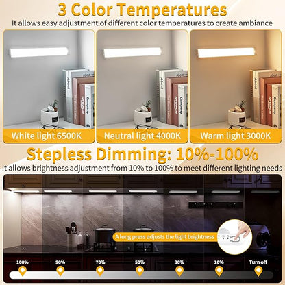 Wireless Under Cabinet Lighting 16 Inch 3 Pack, Magnetic Motion Sensor Light Indoor USB C Rechargeable Closet Lights, 3 Color Dimmable LED Night Light Stick on Under Counter Lights for Kitchen Stairs