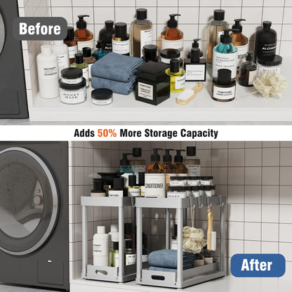 2PC Under Sink Organizer Rack 2 Tier Under Sliding Cabinet Basket Organizer Drawer with 4 Hooks, Multi-purpose Under Sink Storage for Bathroom Kitchen Desktop（Black）