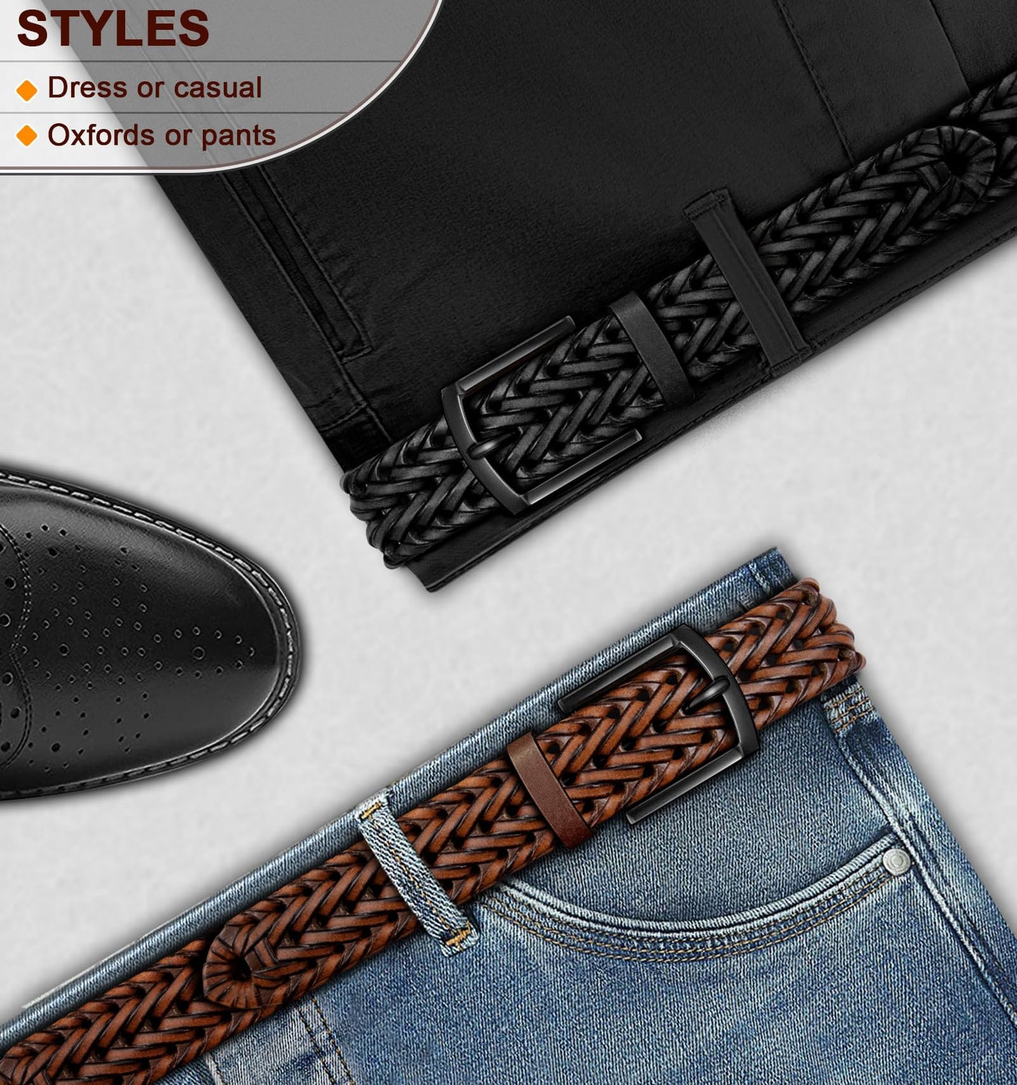 BULLIANT Men Belt 2Pack,Braided Woven Leather Belt For Men Golf Casual Jeans 1 3/8"(Black/Light Brown,28"-32" Waist Adjustable)