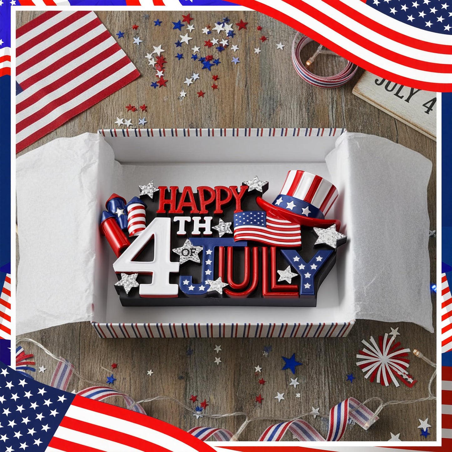 Simgoing 1 Pack Happy 4th of July Decoration Resin Patriotic Figurines Table Decor Red Blue White Sign Independence Day Statue Tabletop Centerpiece for 250th Anniversary Home Office Tiered Tray Shelf
