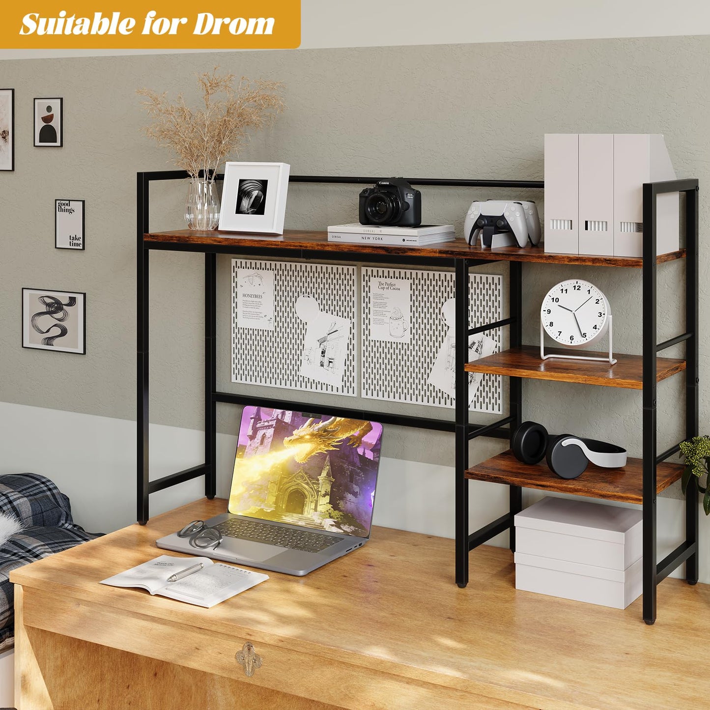 HavenlyYouth Desk Shelf, 38.6 Inch Wood Desk Organizer Shelf for Computer Monitor, Desk Hutch Storage, Desktop Shelf for Top of Desk, 3 Tier Desktop Bookshelf for Home Office Dorm, Rustic