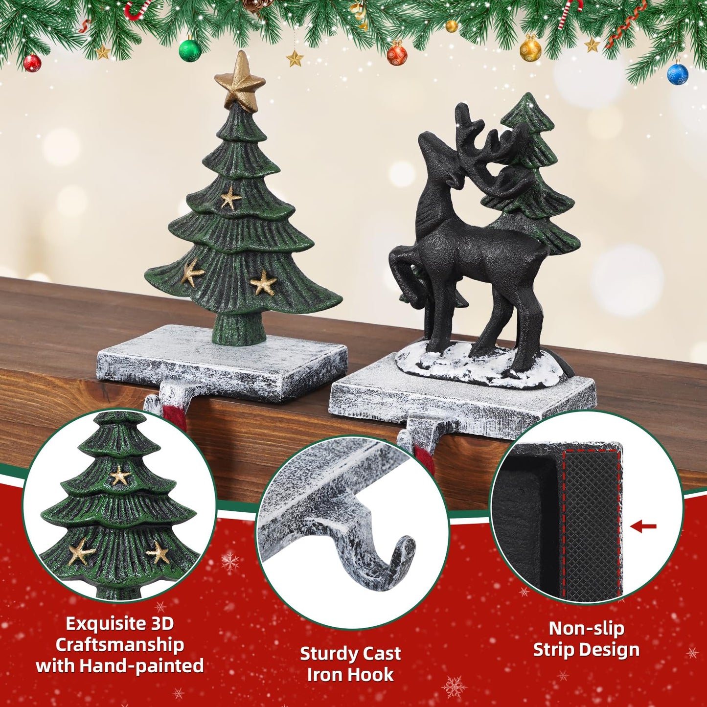 G GOOD GAIN Christmas Stocking Holders for Mantle - Set of 2 Heavy Duty Cast Iron Stocking Hangers with Non-Slip Base | Exquisite 3D Xmas Tree, Deer Mantel Hook for Fireplace Decoration Holiday Gifts