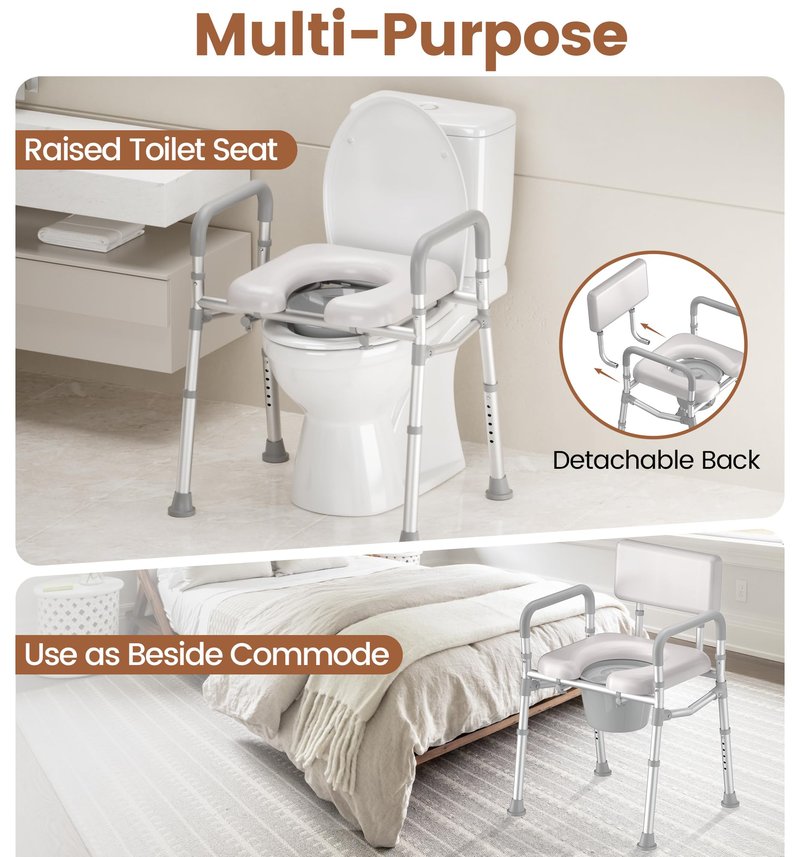 soundfuse Bedside Commode Toilet, Padded Seat and Backrest, Aluminum Frame