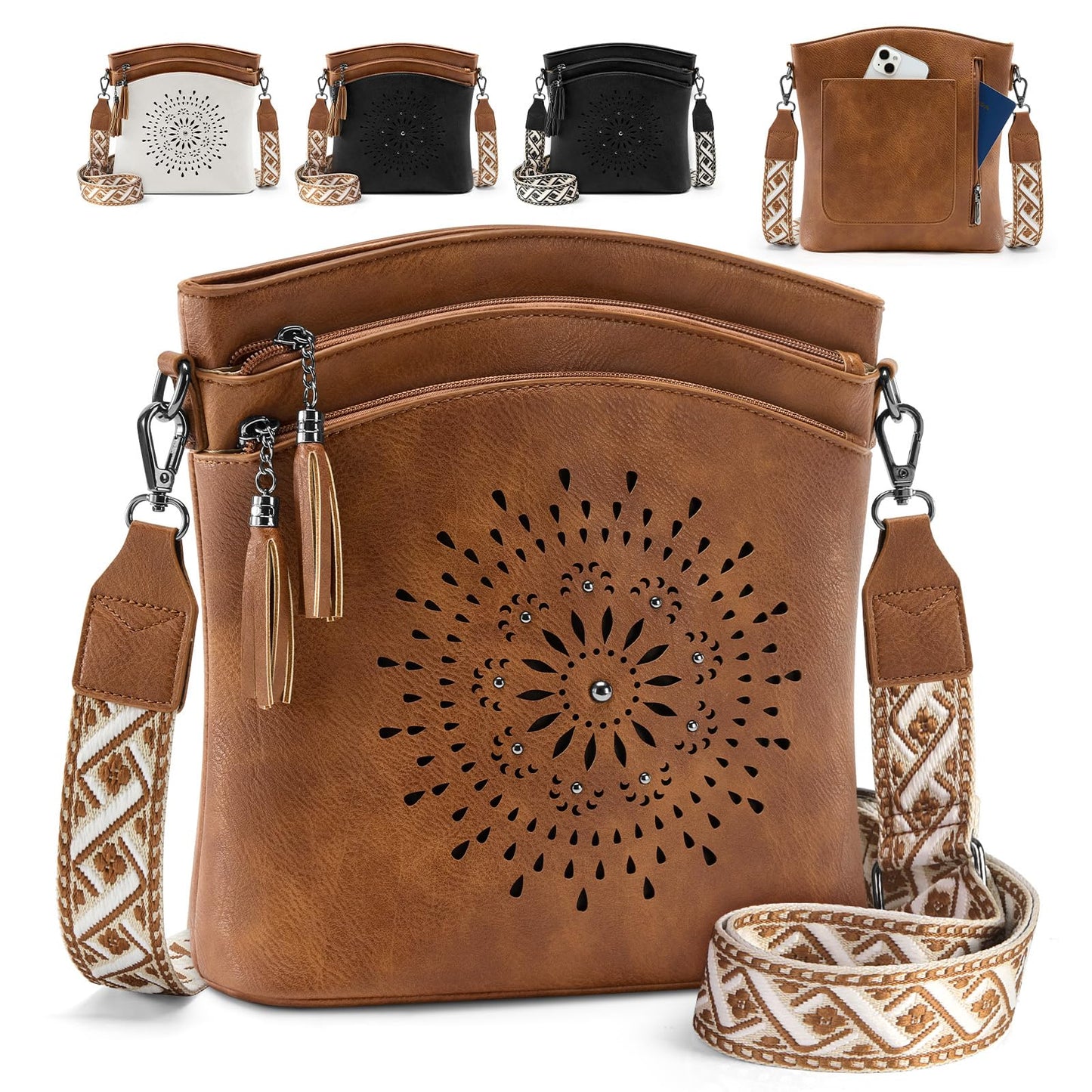 RAINSMORE Women's Medium Leather Crossbody Bag - Lightweight Purse for Weekend Shopping, Everyday Outings, Travel, Designer Trendy Shoulder Handbags with Adjustable Guitar Strap, Multiple Pockets