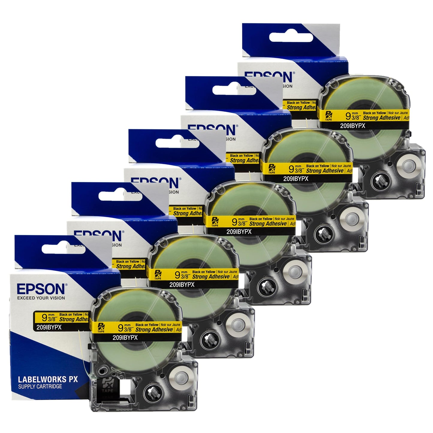 Epson LABELWORKS 209IBYPX-5PK Genuine PET (Polyester) Tape Cartridge - Black on Yellow Label Maker Tape, Strong Adhesive - 3/8" (9MM) Wide, 30' - 5 Pack