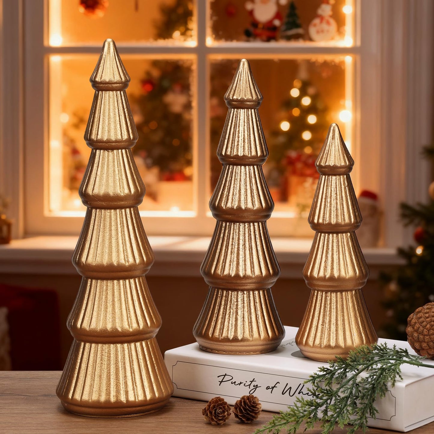 Fivebop Wooden Christmas Tree Figurine, 3 Pcs Tabletop Xmas Tree, Christmas Centerpiece Decor for Home Entryway Mantel Shelf Table Fireplace Holiday (Glod-Wood)