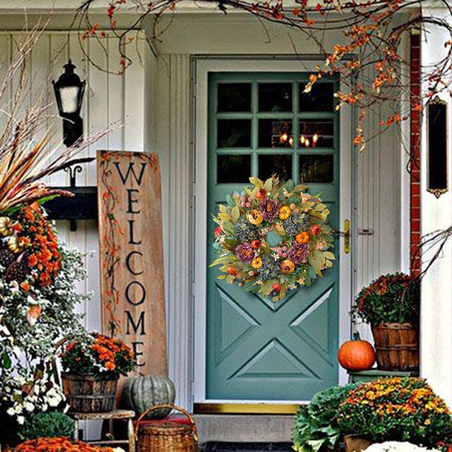 WANNA-CUL 24in Fall Front Door Wreath,Hydrangea Peony Pumpkin Harvest Decor