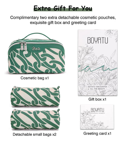 BOYATU Travel Makeup Bag for Women: Large Capacity 3-Piece Cosmetic & Toiletry Organizer - Expands Storage by 50% with 2 Detachable Pouches,Opens Flat for Easy Packing,Waterproof PU Leather(Green)
