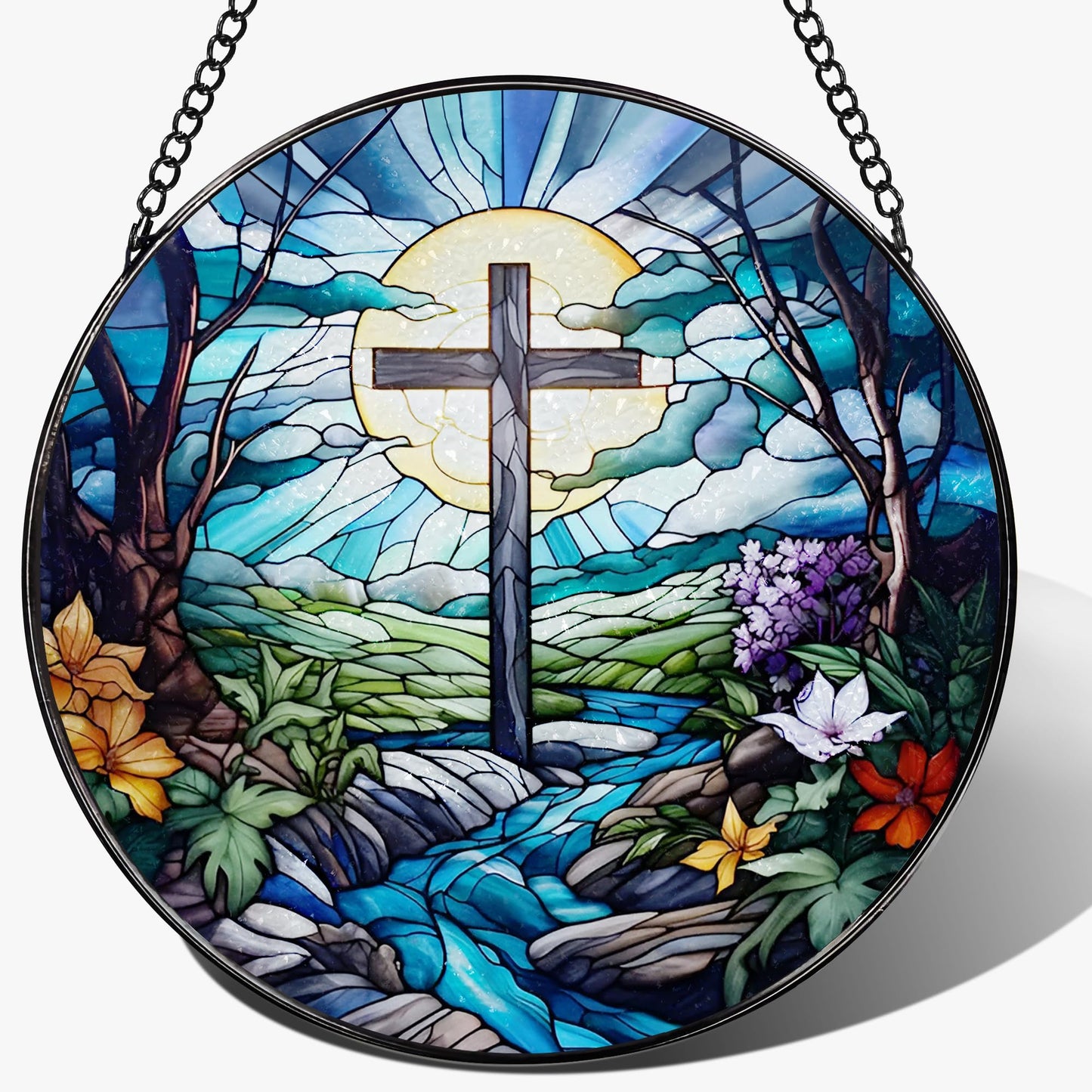8 Inch Cross Stained Glass Suncatcher - Stained Glass Window Hanging, Sun Catchers Indoor Window, Christian Decor, Window Decor Hanging | Christian Gifts, Religious Gifts, Baptism Gift