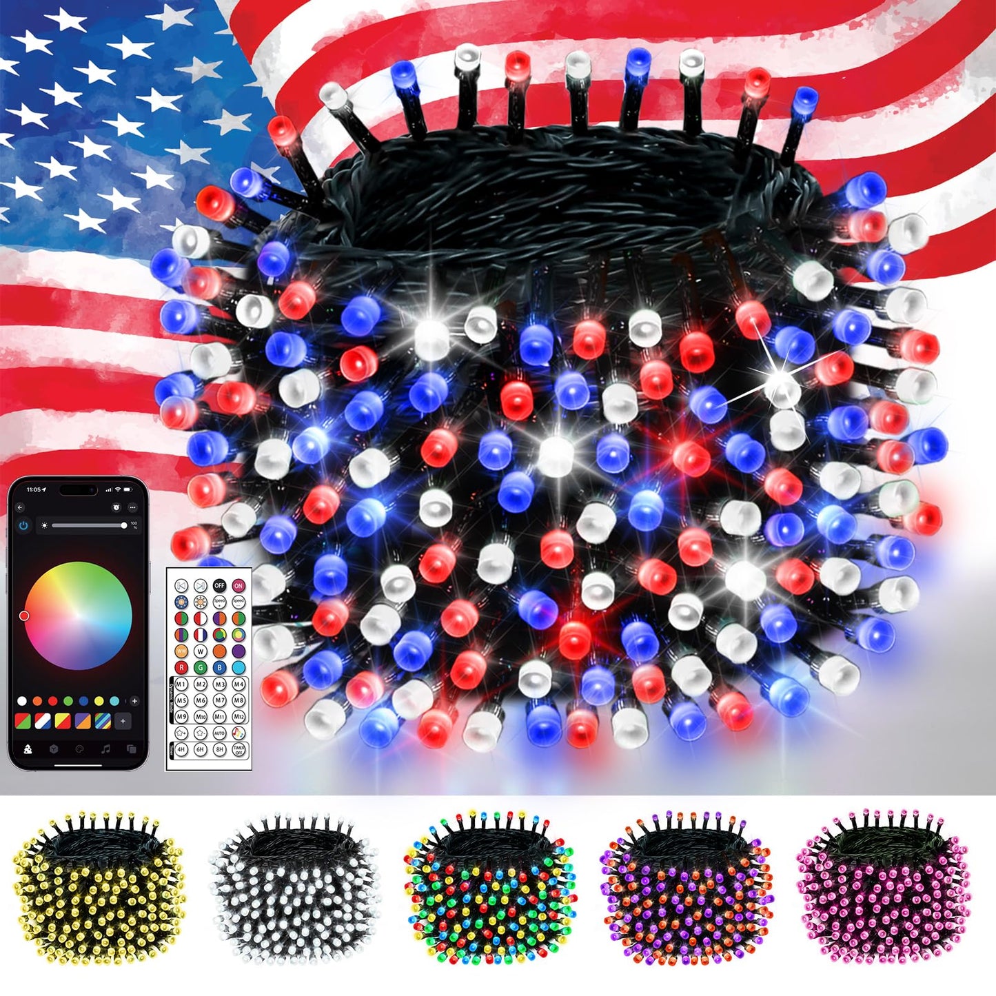 200LED Smart 4th of July String Lights | 82FT App Controlled Red White and Blue American Flag Lights, Waterproof Patriotic RGB Color Changing String Lights with Remote & Timer Outdoor for Memory Day