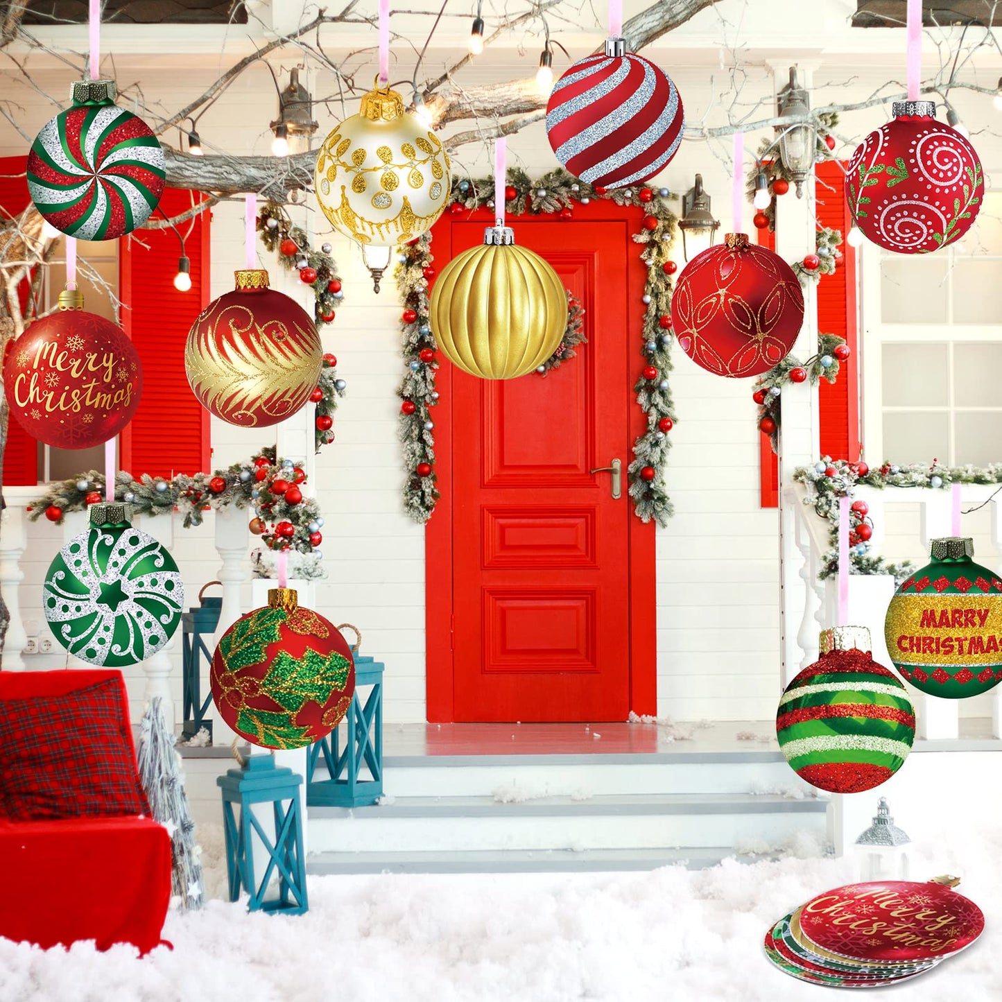 Rtteri 30 Pcs Large Christmas Ball Shape Ornaments for Outdoor 4.9 Inch Double Sided Plastic Christmas Hanging Ornaments Balls for Xmas Tree Indoor Outdoor Porch Yard Supplies