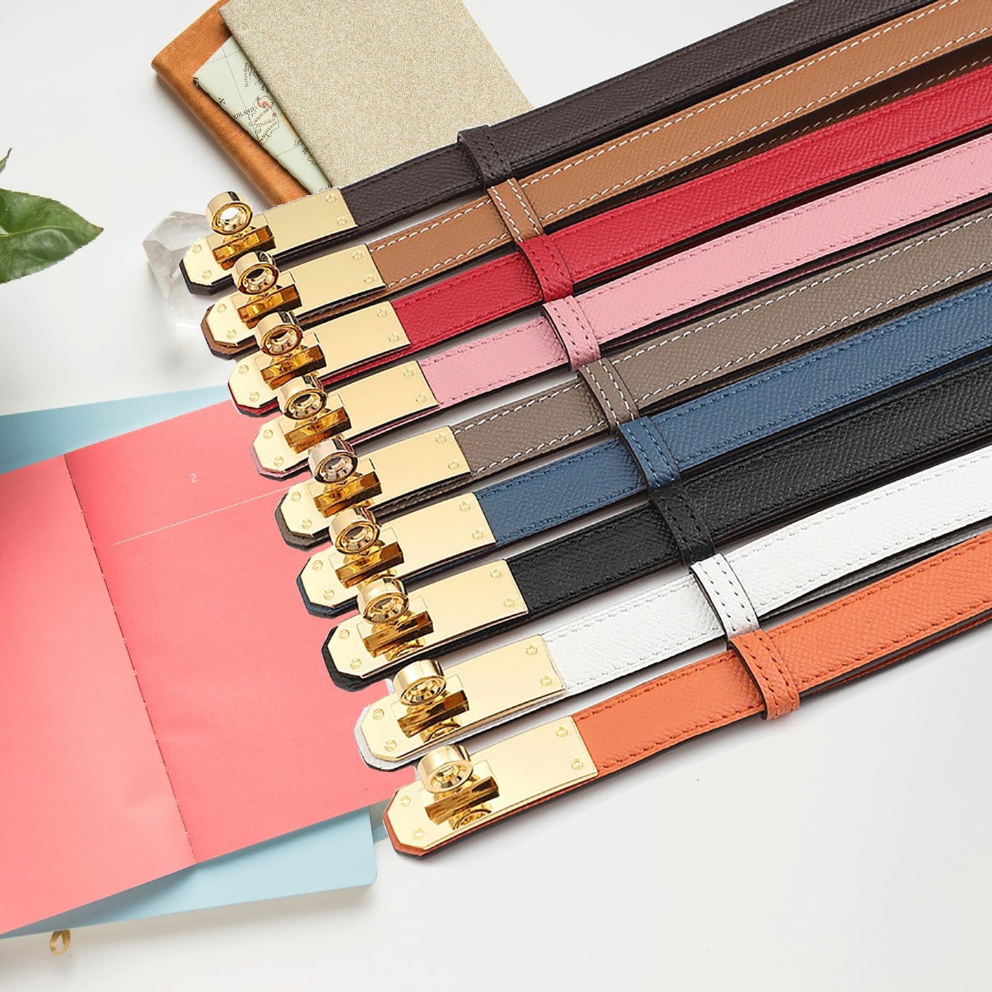 Ovekaut Women Skinny Leather Belt Solid Color Alloy Turn Lock Adjustable Waistband for Dresses Jeans Coats