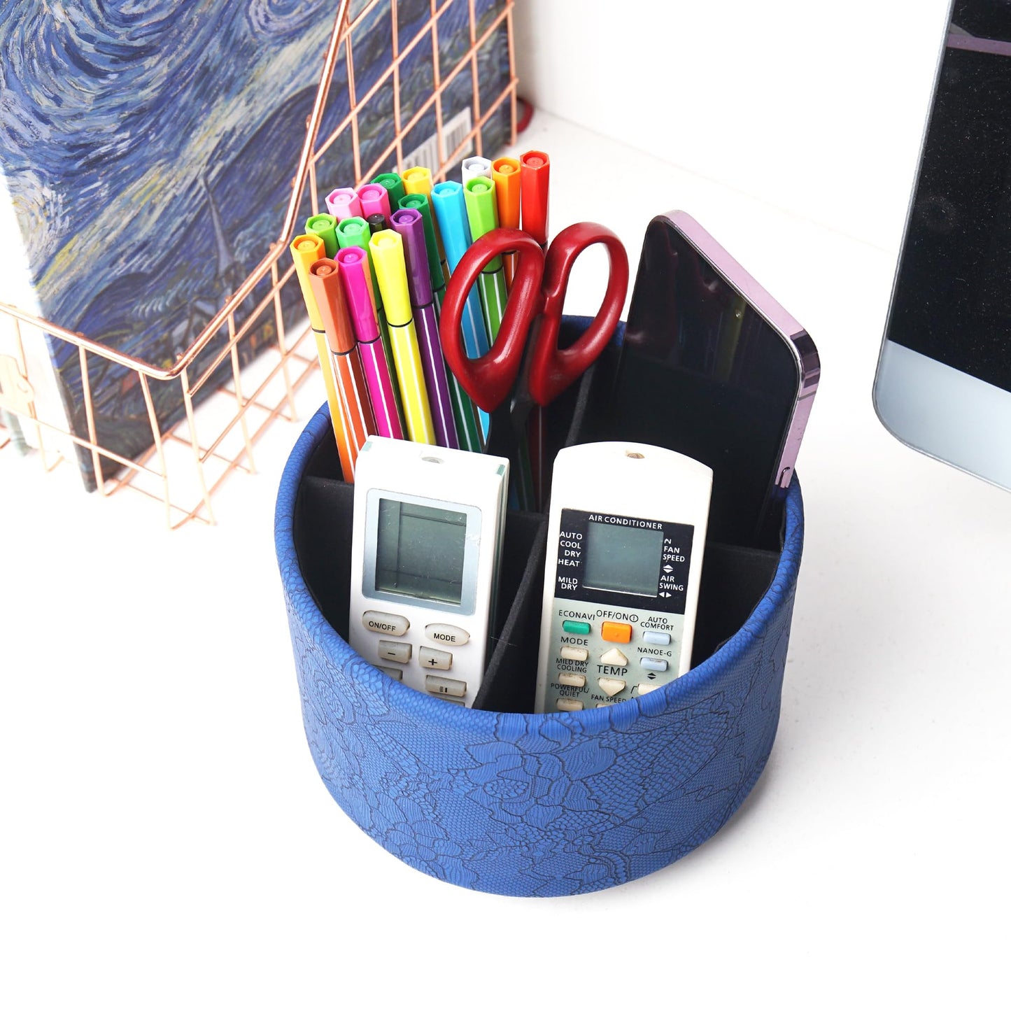 Lvkjafaz Round Leather Art Supply Organizer,Remote Control Holder,360 Degree Spinning,Multi-Functional Pencil Holder,4 Compartments Desktop Stationary Organizer(1-Lace Flower Blue)