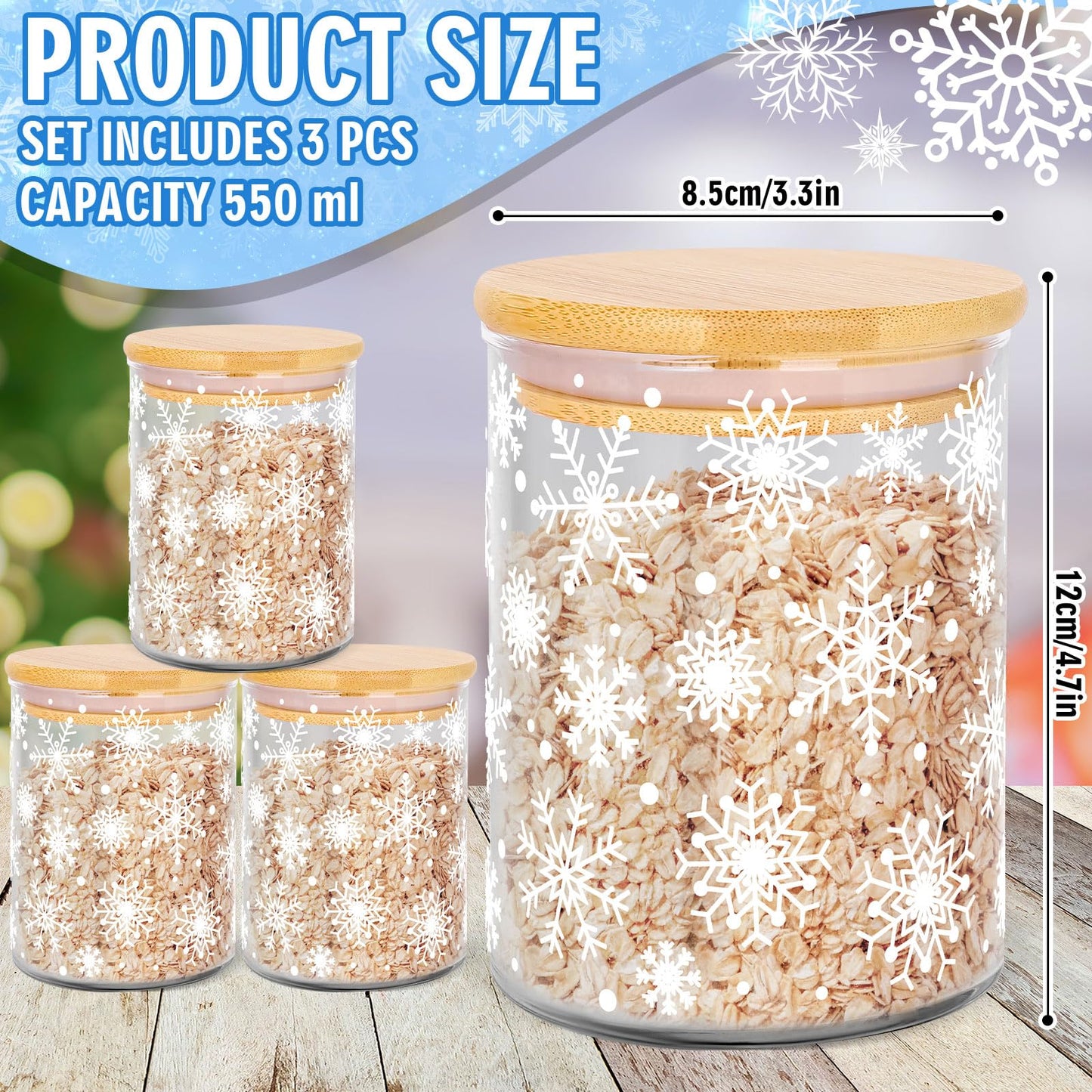 JarThenaAMCS 3Pcs Christmas Glass Storage Jars White Winter Snowflake Clear Canisters Set with Airtight Lid Cookie Candy Storage for Xmas Party Home Kitchen Countertop Decor