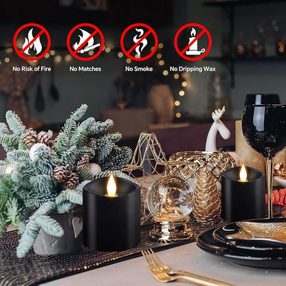 3x3 Flickering Flameless Candles Set of 2, Real Wax LED Candles,with Timer, 3 inch Flameless Candles with Remote,Battery Operated Candles, for Party/Wedding,Black