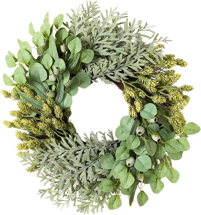 Sullivans Eucalyptus Wreath for Front Door, 26" Mixed Olive Green Pod Leaf Round Summer Wreaths, Indoor Outdoor Greenery Decorations for Fireplace, Mantle, Home Décor